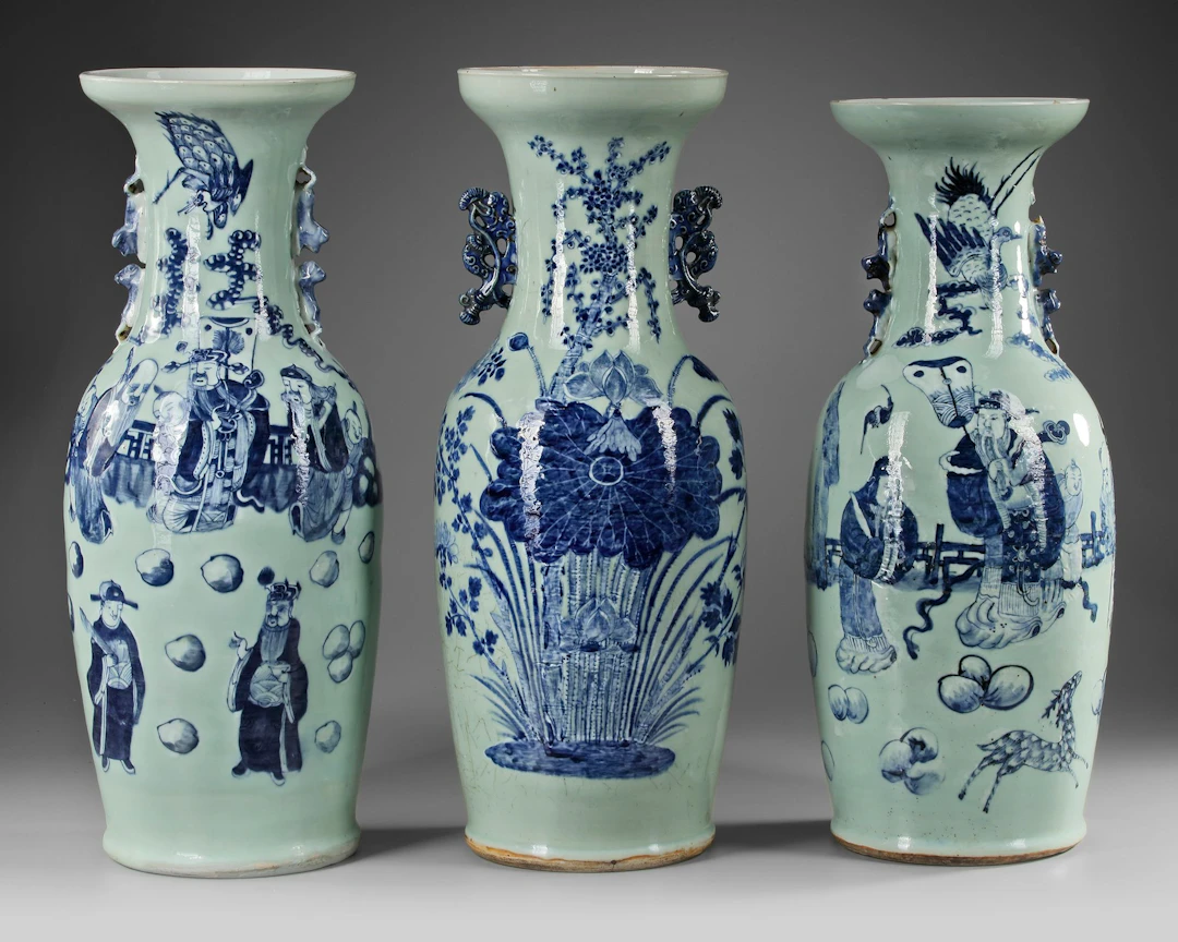 THREE LARGE CHINESE CELADON GROUND BLUE AND WHITE DECORATED VASES, 19TH CENTURY