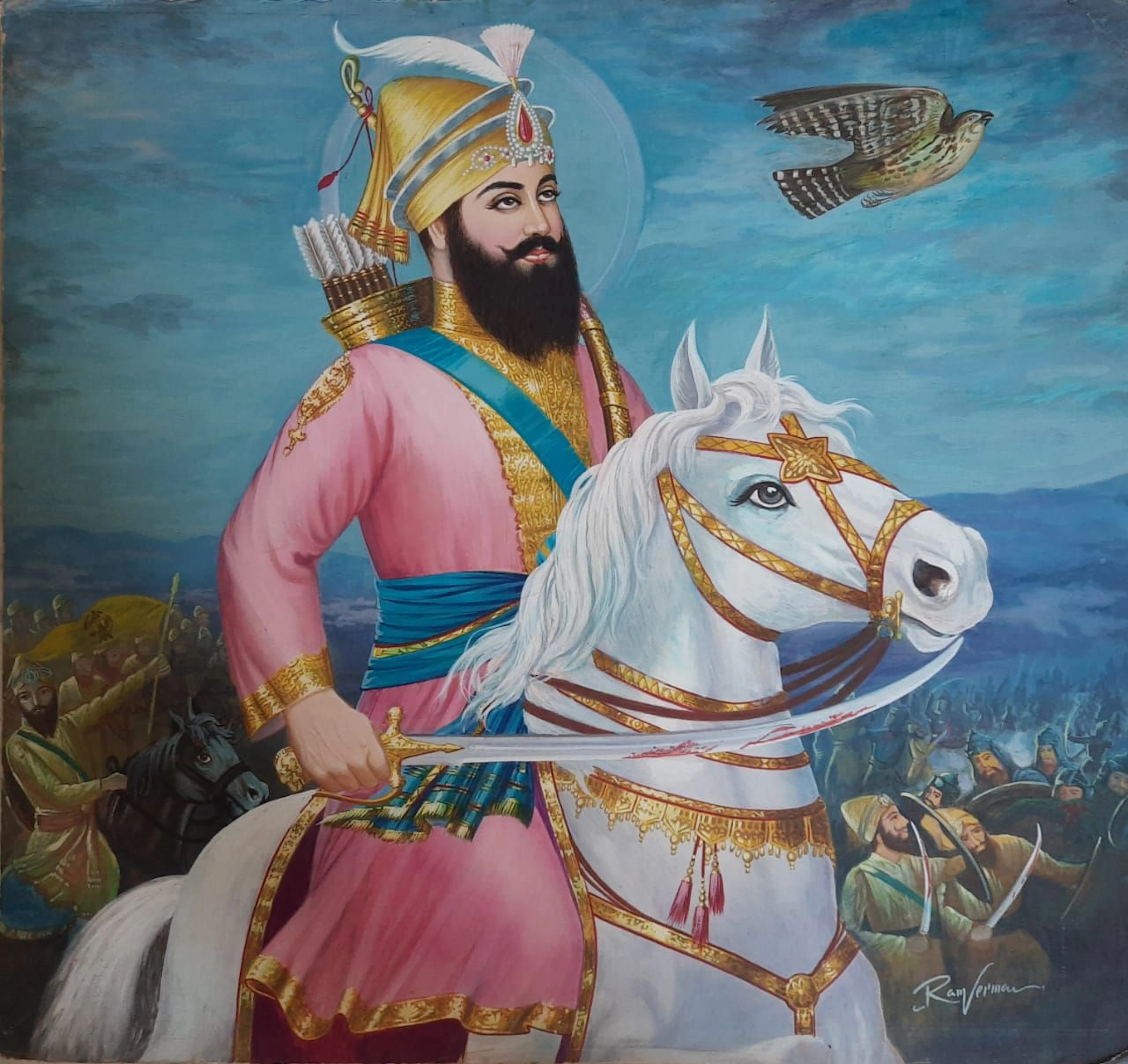 GURU GOBIND SINGH (1575- 1708) RIDING A HORSE HOLDING A SWORD, BY
