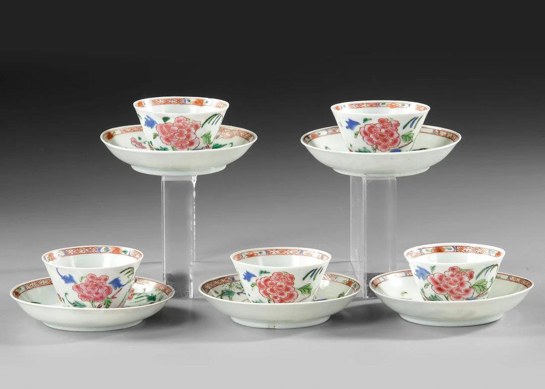 FIVE CHINESE FAMILLE ROSE TEACUPS AND SAUCERS, 18TH CENTURY