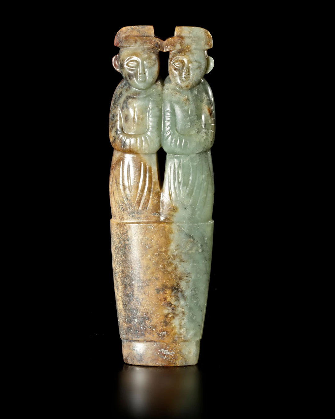 A PAIR OF GREEN JADE HUMAN FIGURES, TWINS, “BING XING QI", CHINA