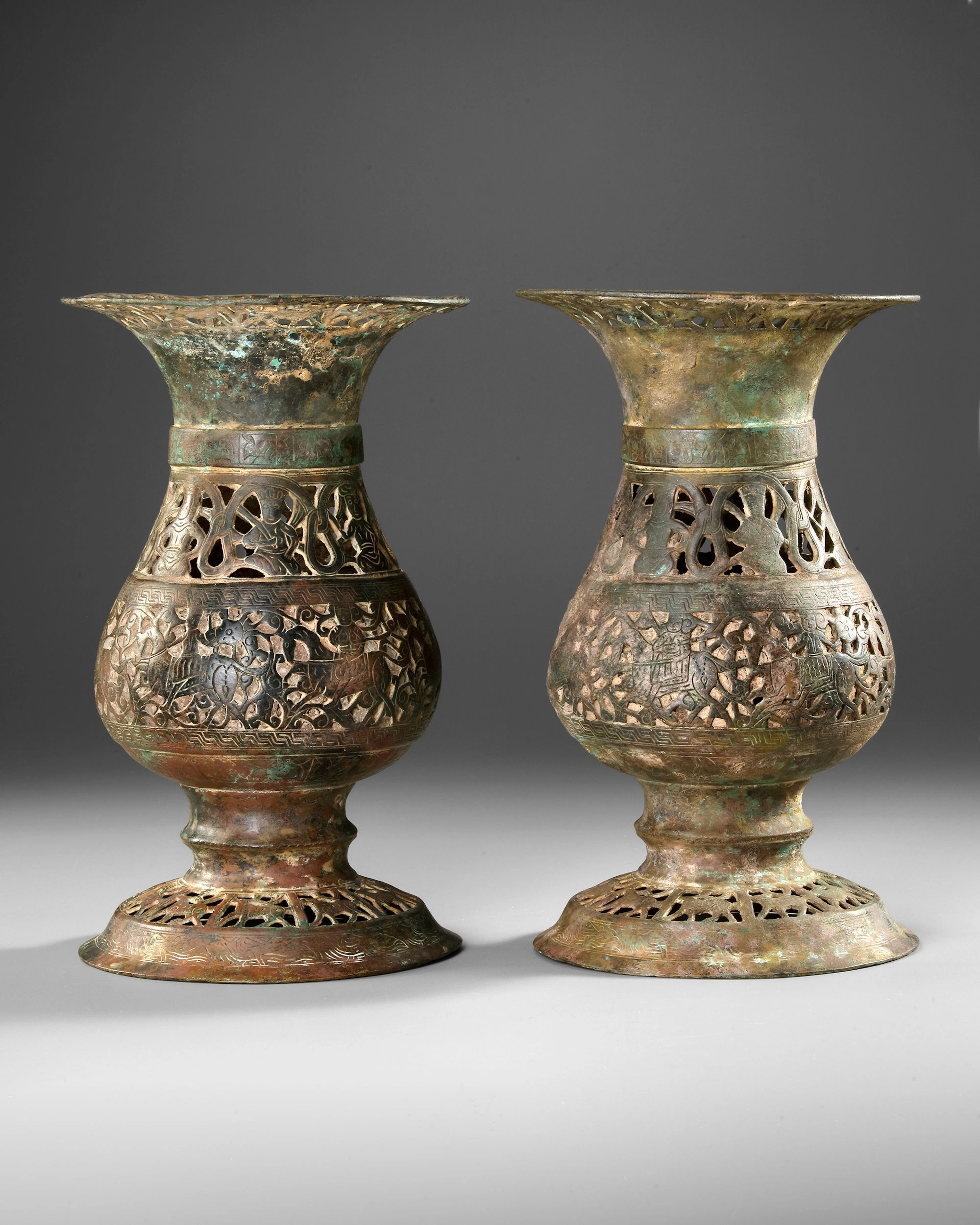 A PAIR OF LARGE KHORASAN BRONZE VASES, PERSIA, 12TH CENTURY