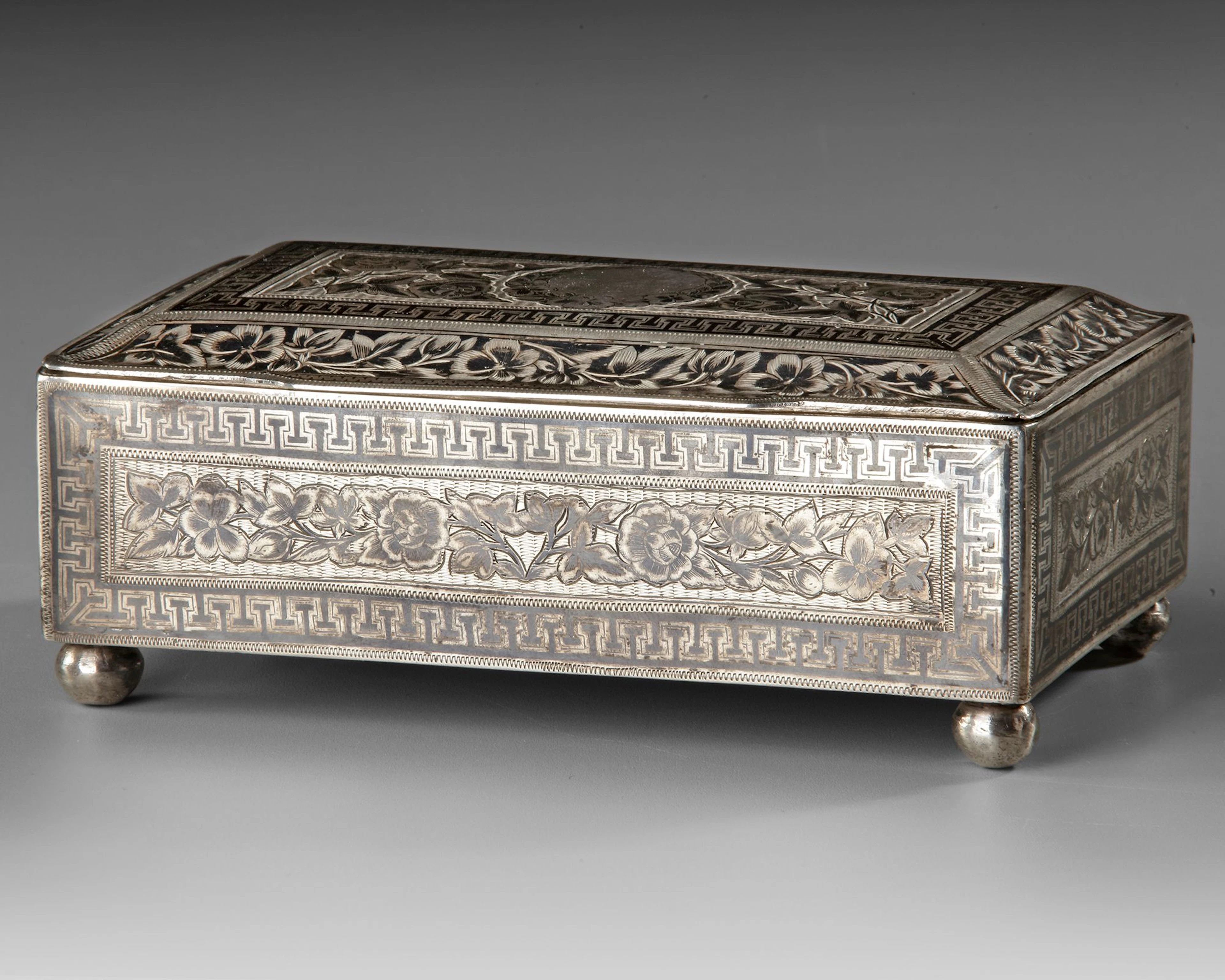 A NIELLO-INLAID SILVER CASKET, TURKEY 19TH CENTURY