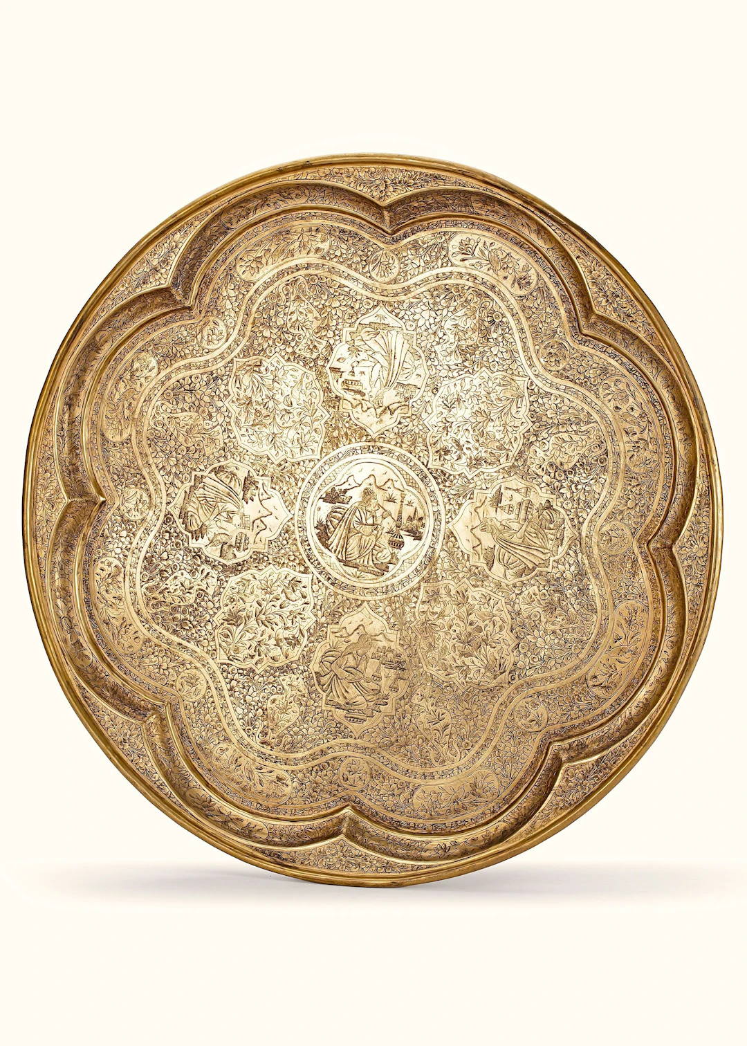 A QAJAR BRASS ENGRAVED TRAY, PERSIA, 19TH CENTURY
