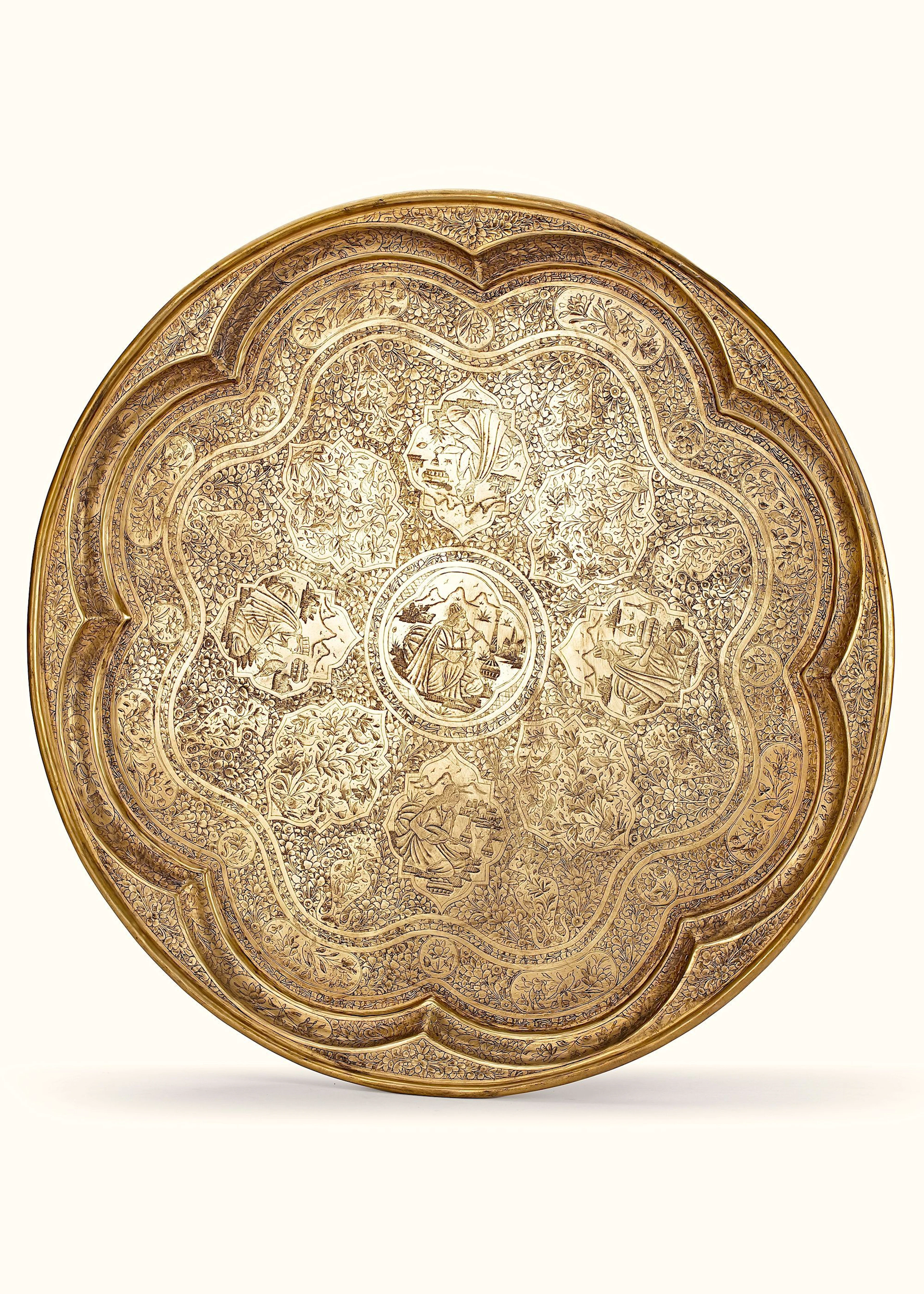 A QAJAR BRASS ENGRAVED TRAY, PERSIA, 19TH CENTURY