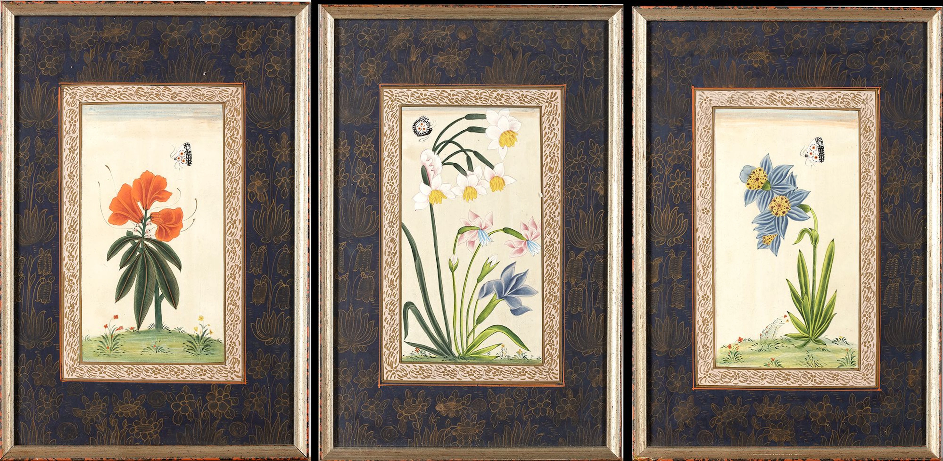 THREE INDIAN BOTANICAL PAINTINGS WITH BUTTERFLIES