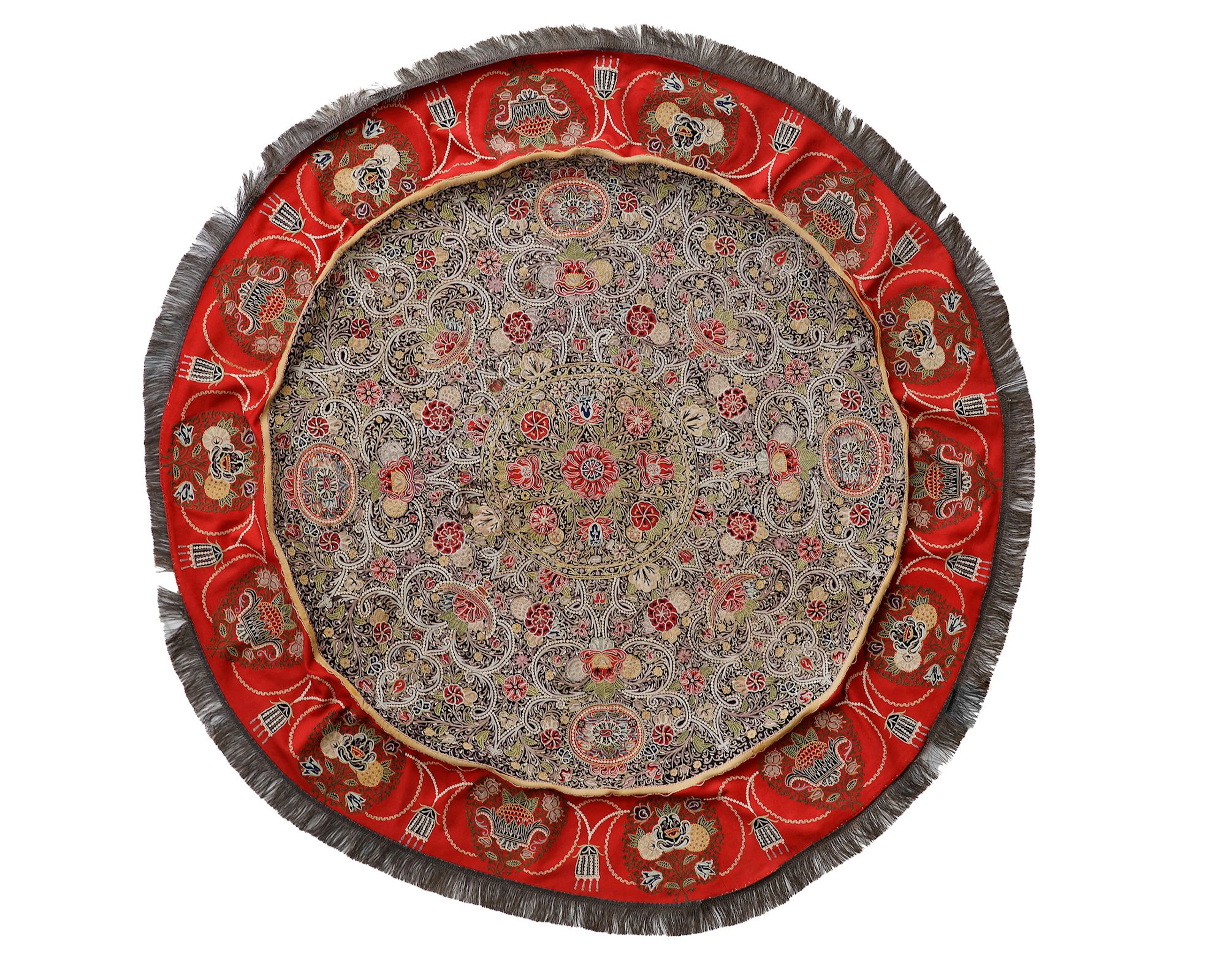 A RESHT EMBROIDERY CIRCULAR TABLE COVER, PERSIA, 19TH CENTURY