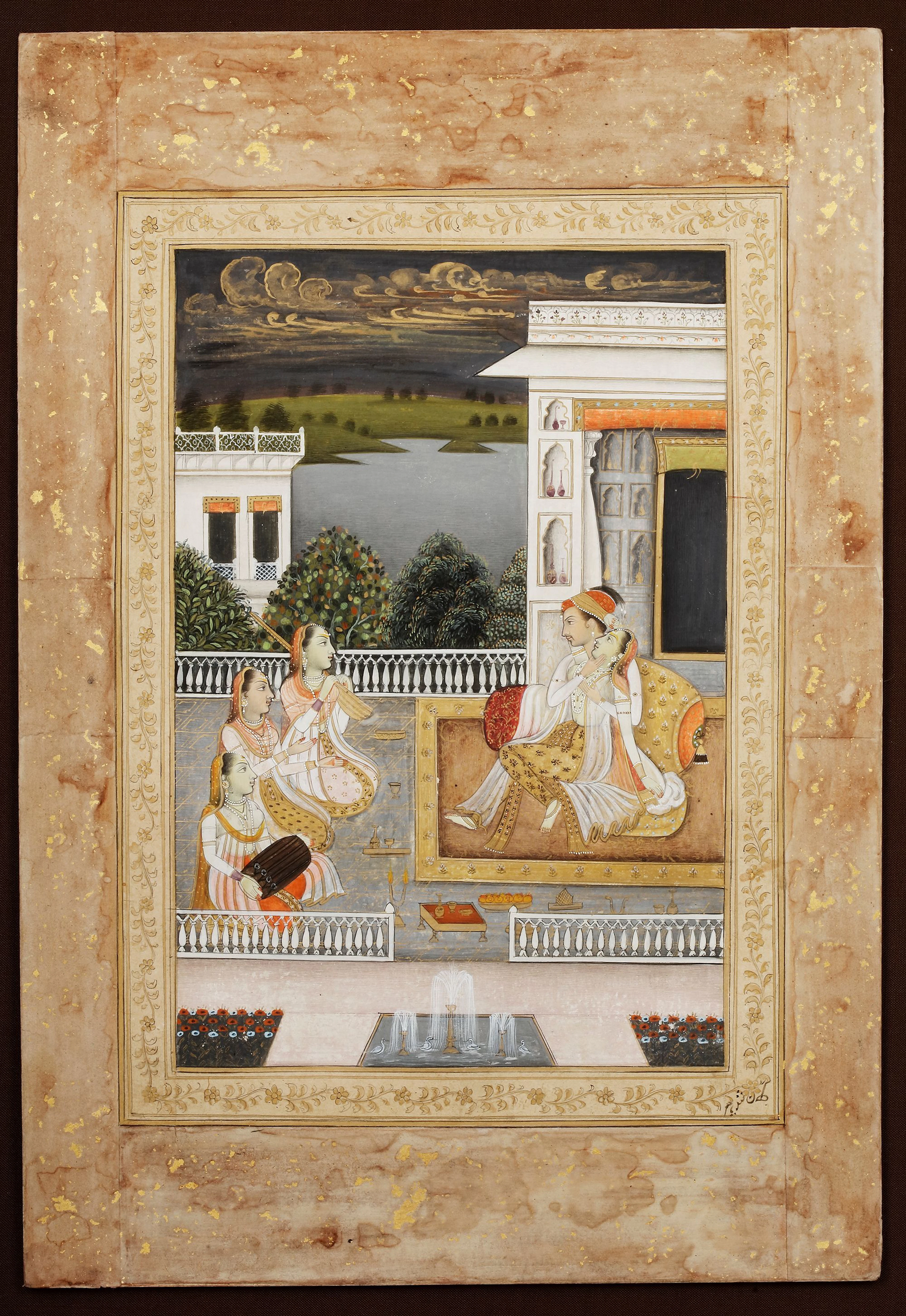 A PRINCE ENTERTAINING HIS MISTRESS WITH MUSICIANS ON A TERRACE, INDIA