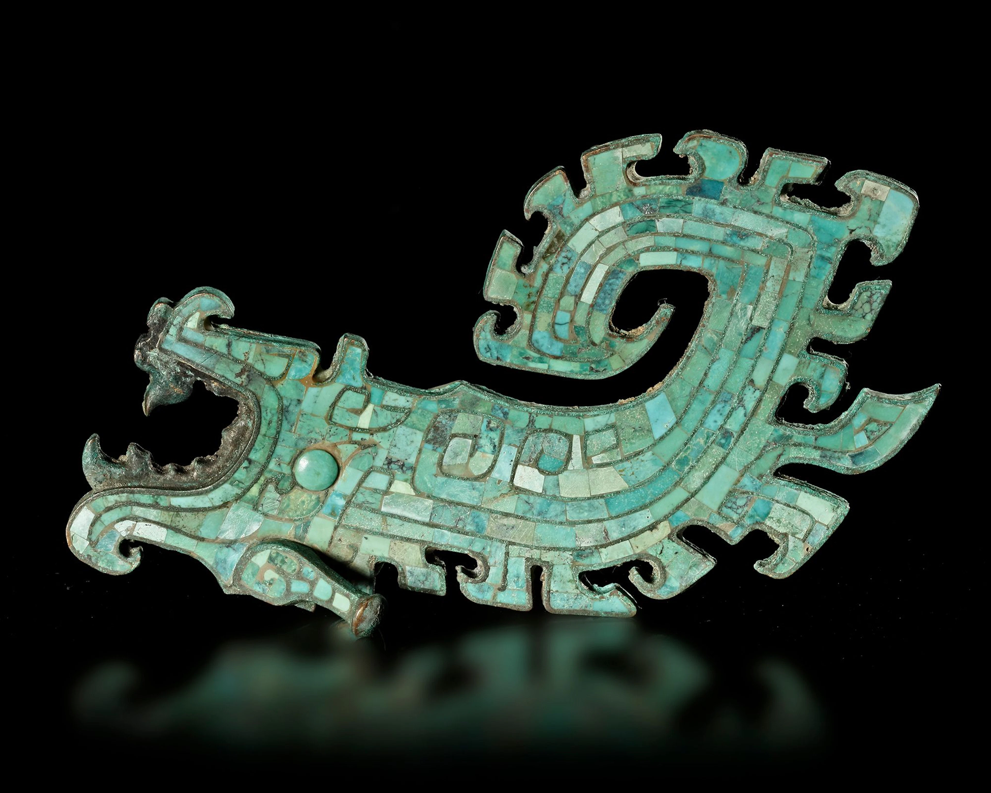A BRONZE DRAGON WITH TURQUOISE INLAY, CHINA, SHANG DYNASTY