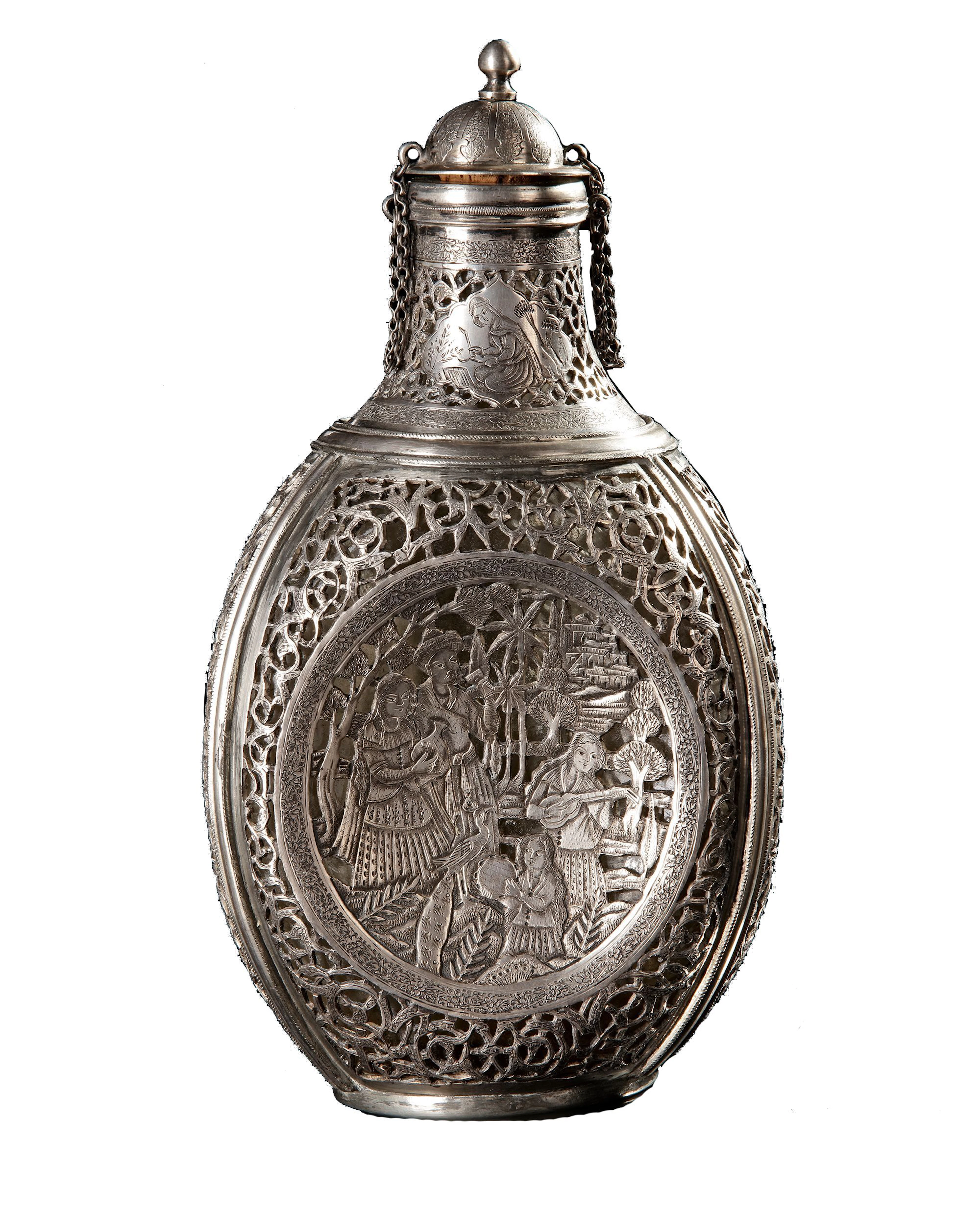 AN ISFAHAN SILVER BOTTLE, ATTRIBUTED TO LAHIJI MASTER, LATE 19TH CENTURY