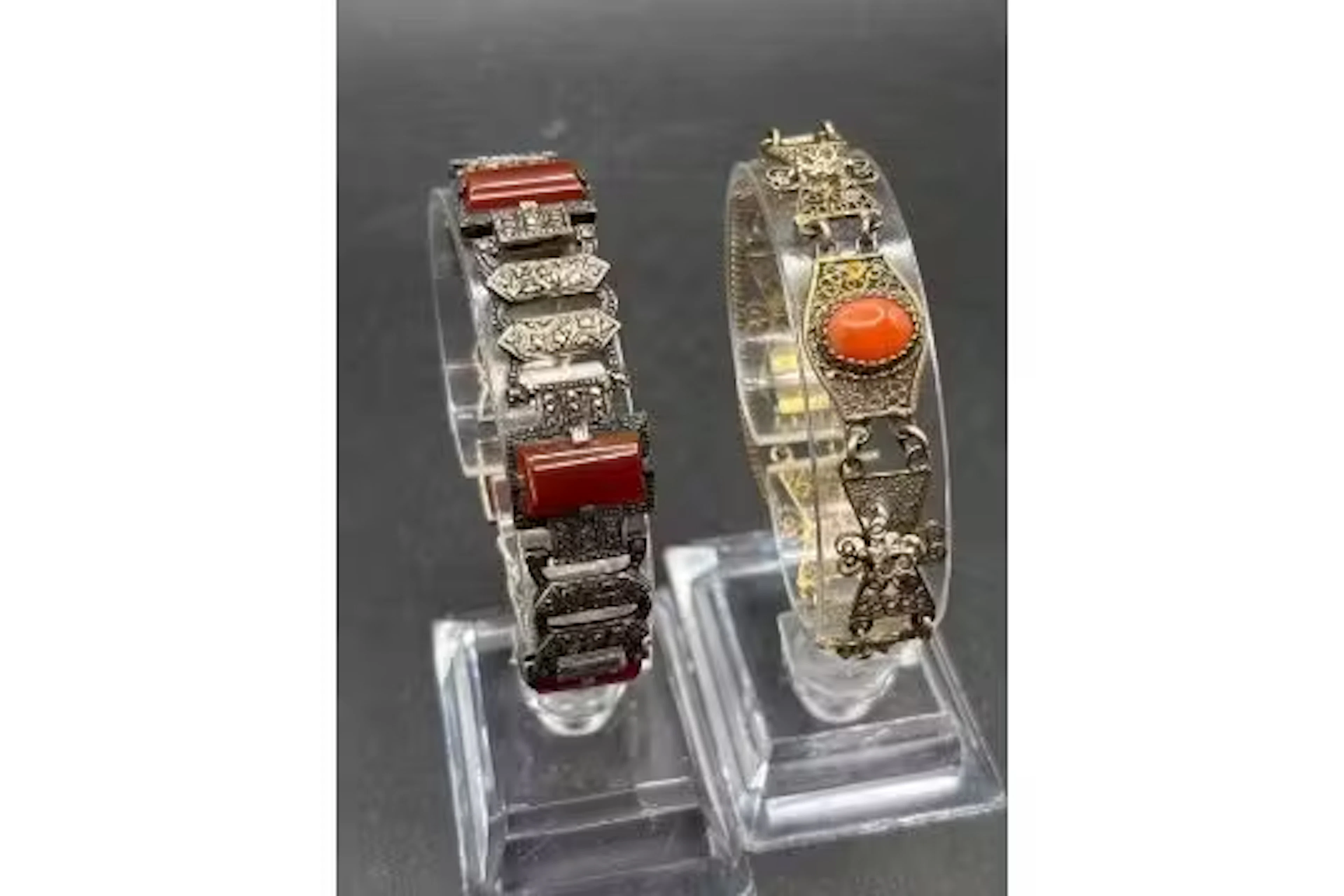 A silver marcasite and agate bracelet and a filagree example