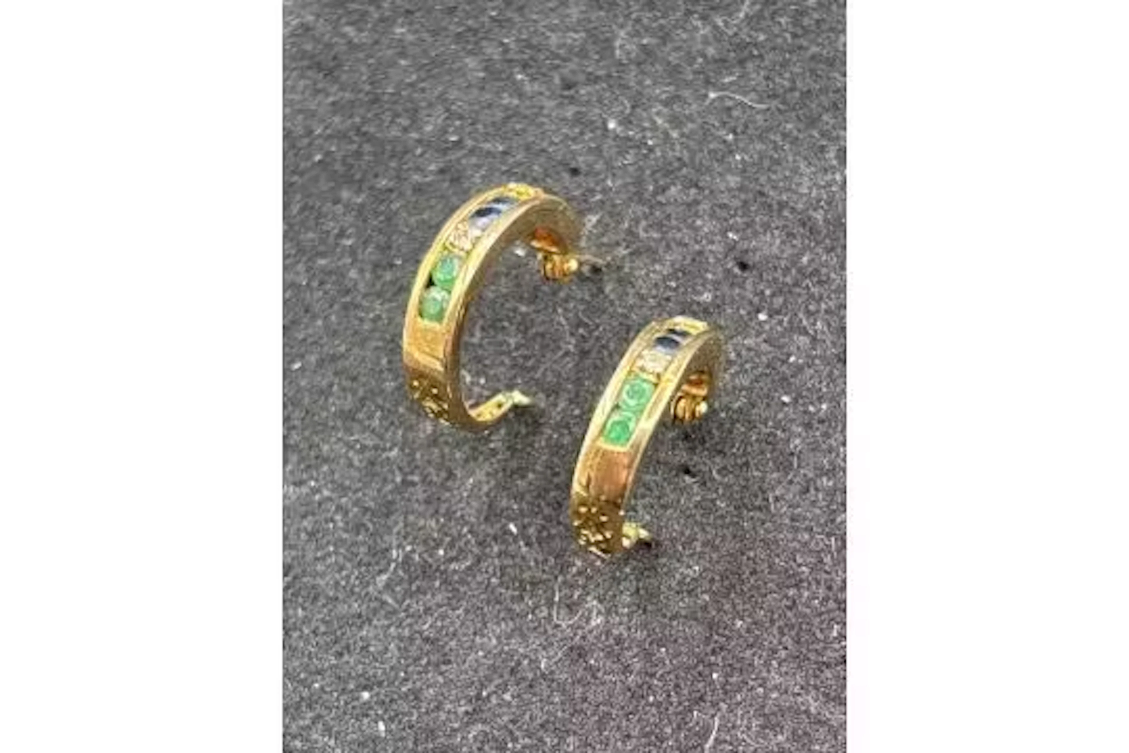 A pair of hoop earrings with ruby emeralds sapphire and diamond 9ct 1.8 gms