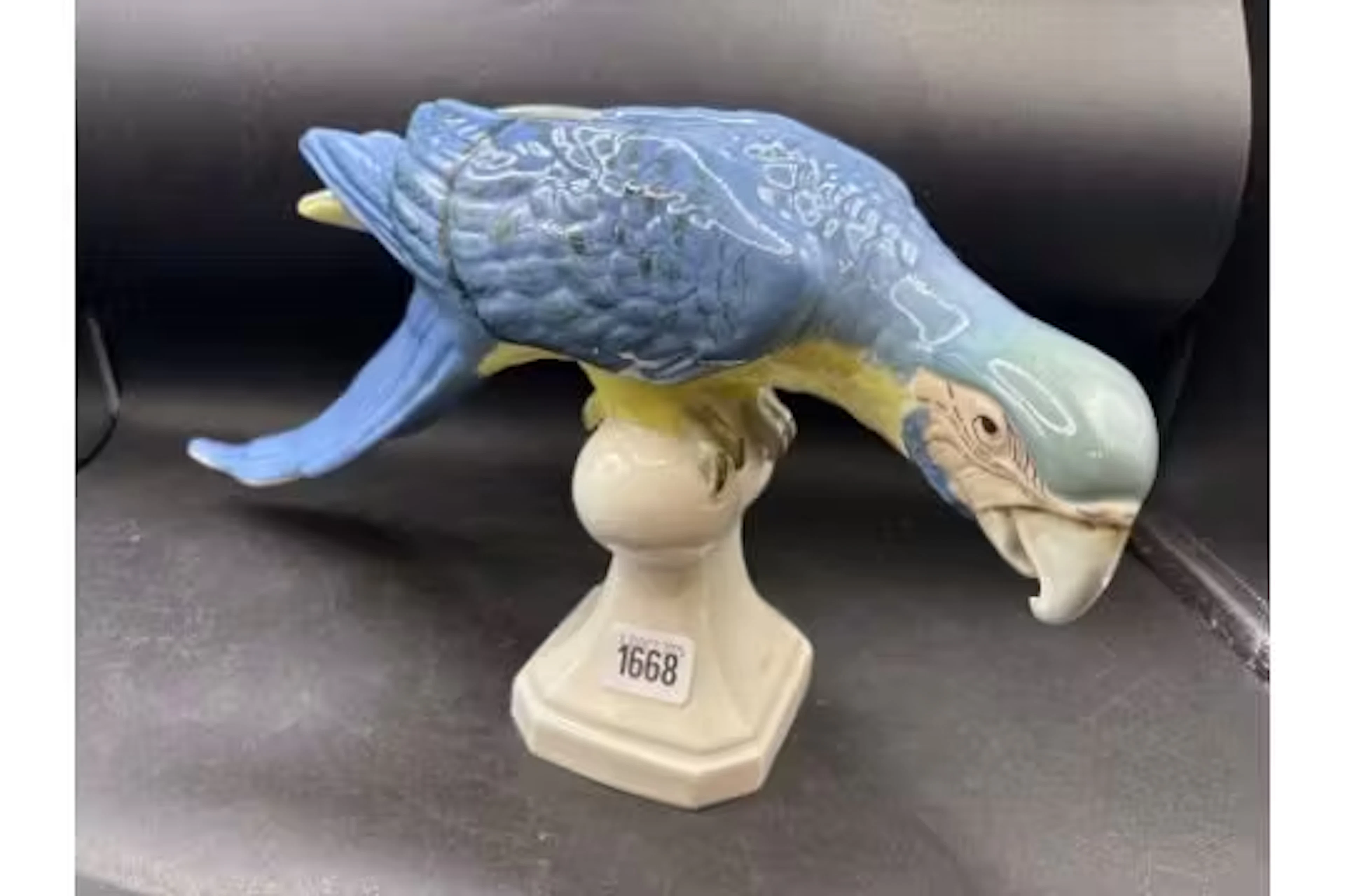 Another Royal Dux blue Parakeet on stand, 17" long