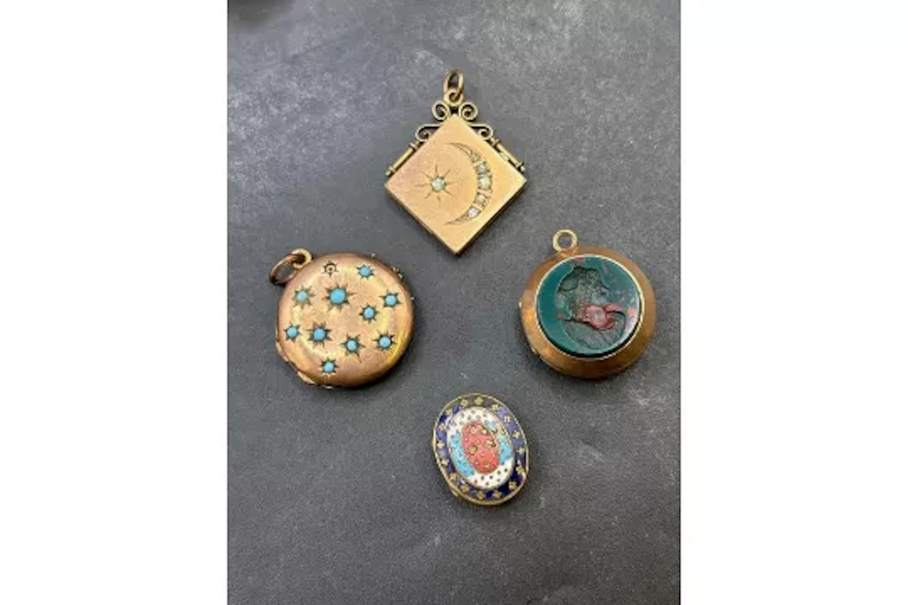 Four gilt lockets one with intaglio