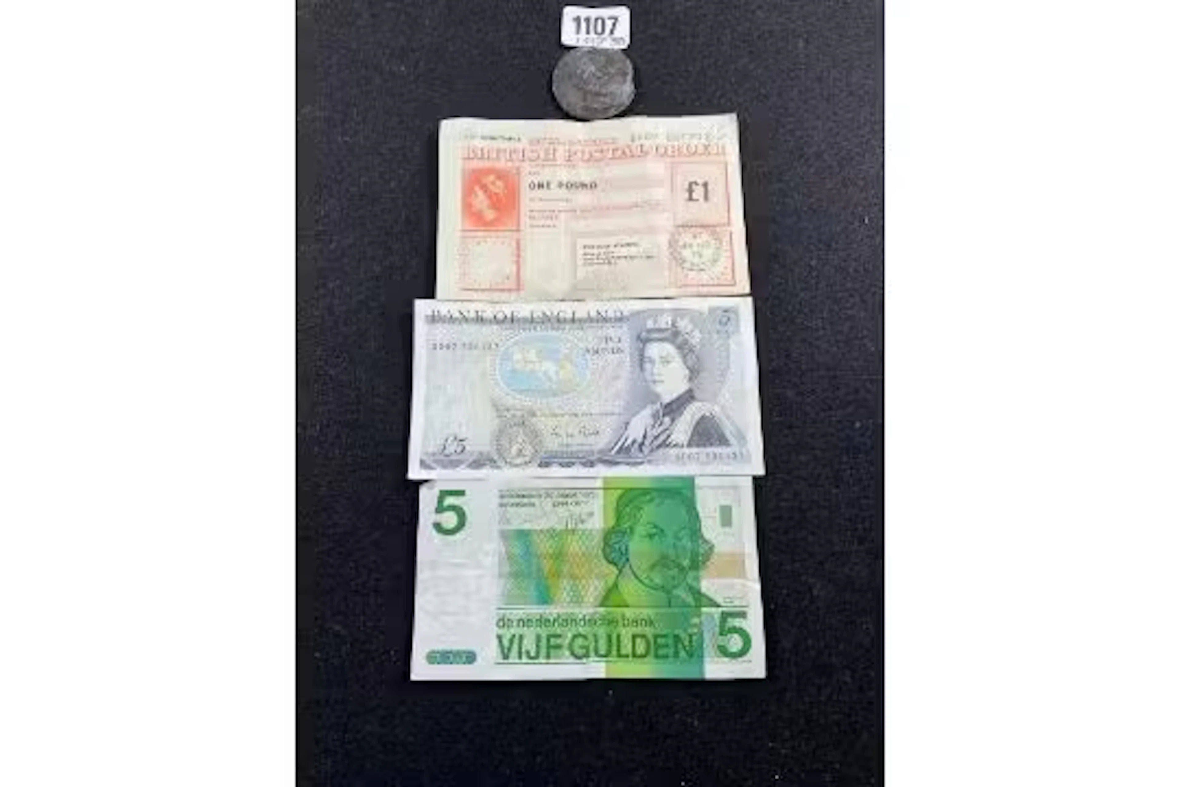 Old £5 note, Dutch 5 gulden note, postal order + bronze medal