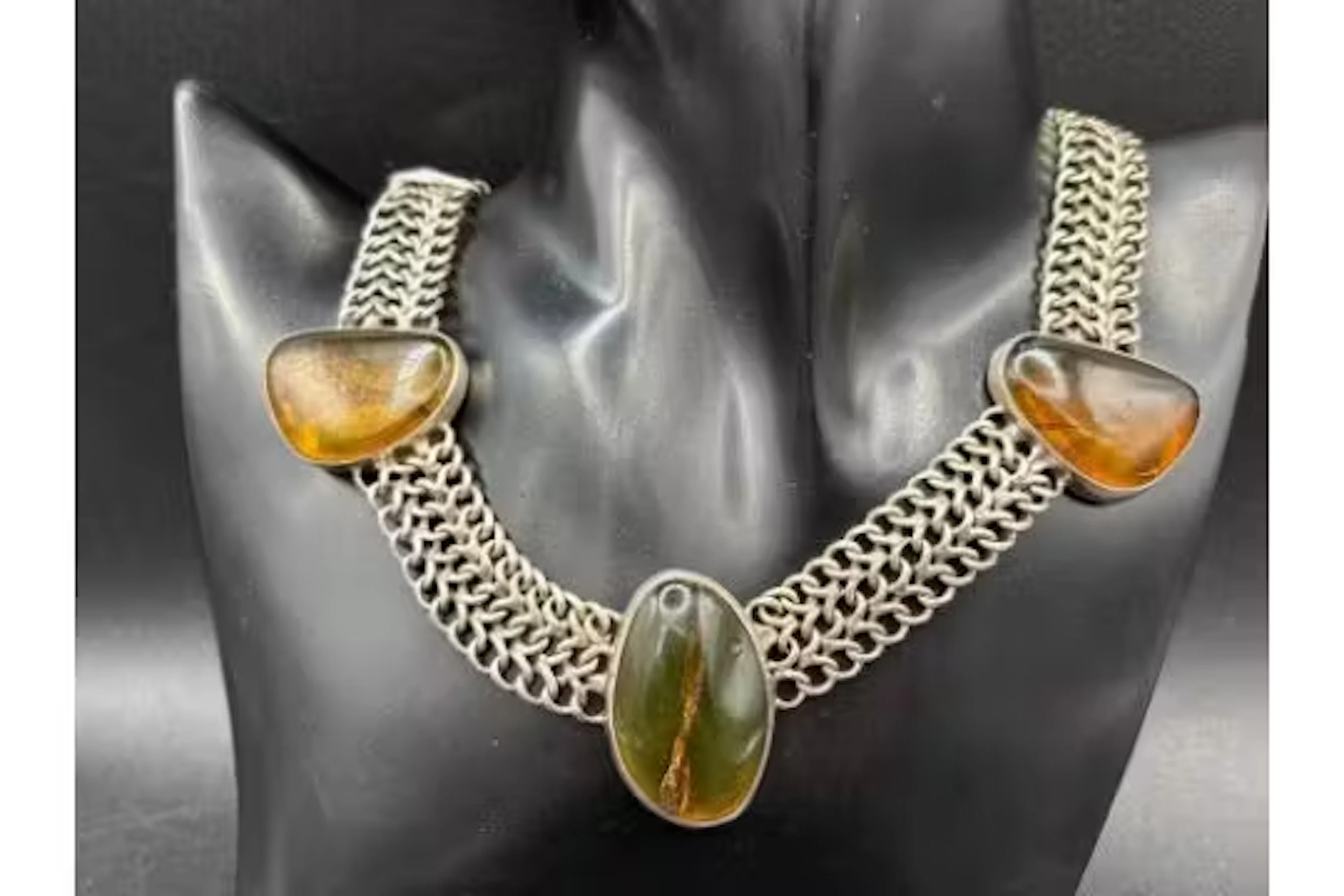 Impressive heavy gauge silver and amber three panel choker necklace 15” 70g
