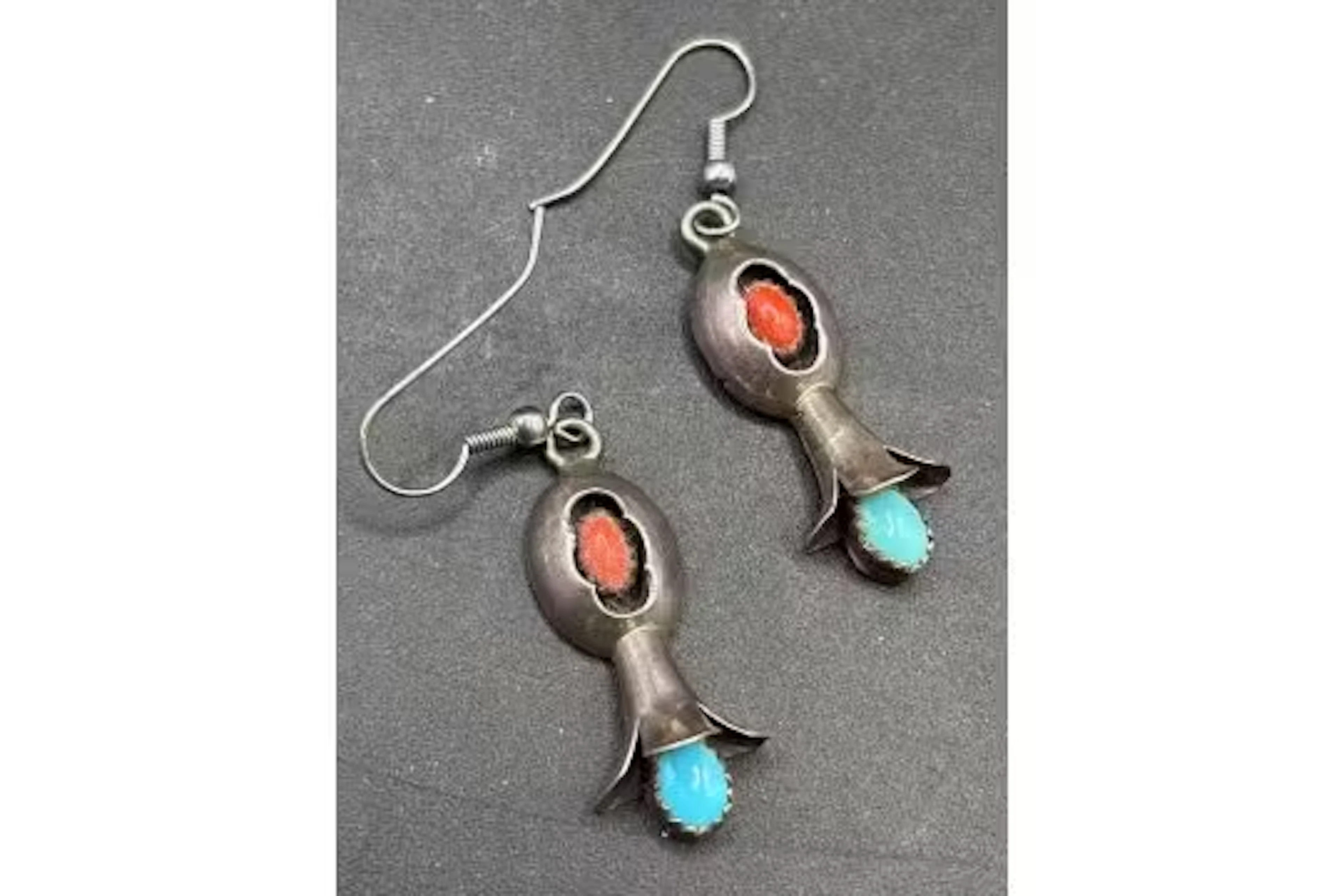A pair of silver turquoise and coral drop earrings