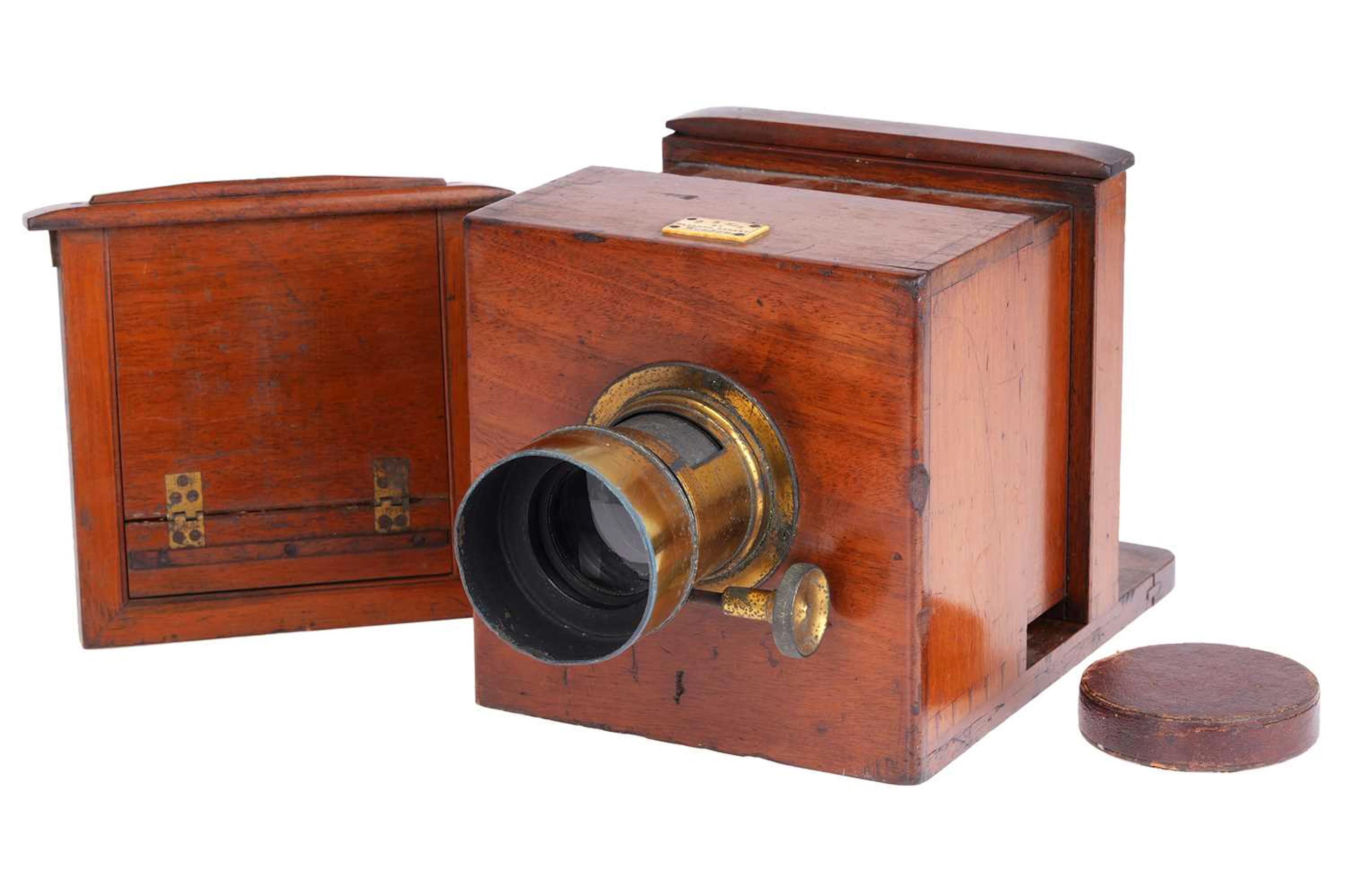 A Frederick J Cox 5x5" Sliding Box Wet Plate Mahogany Camera