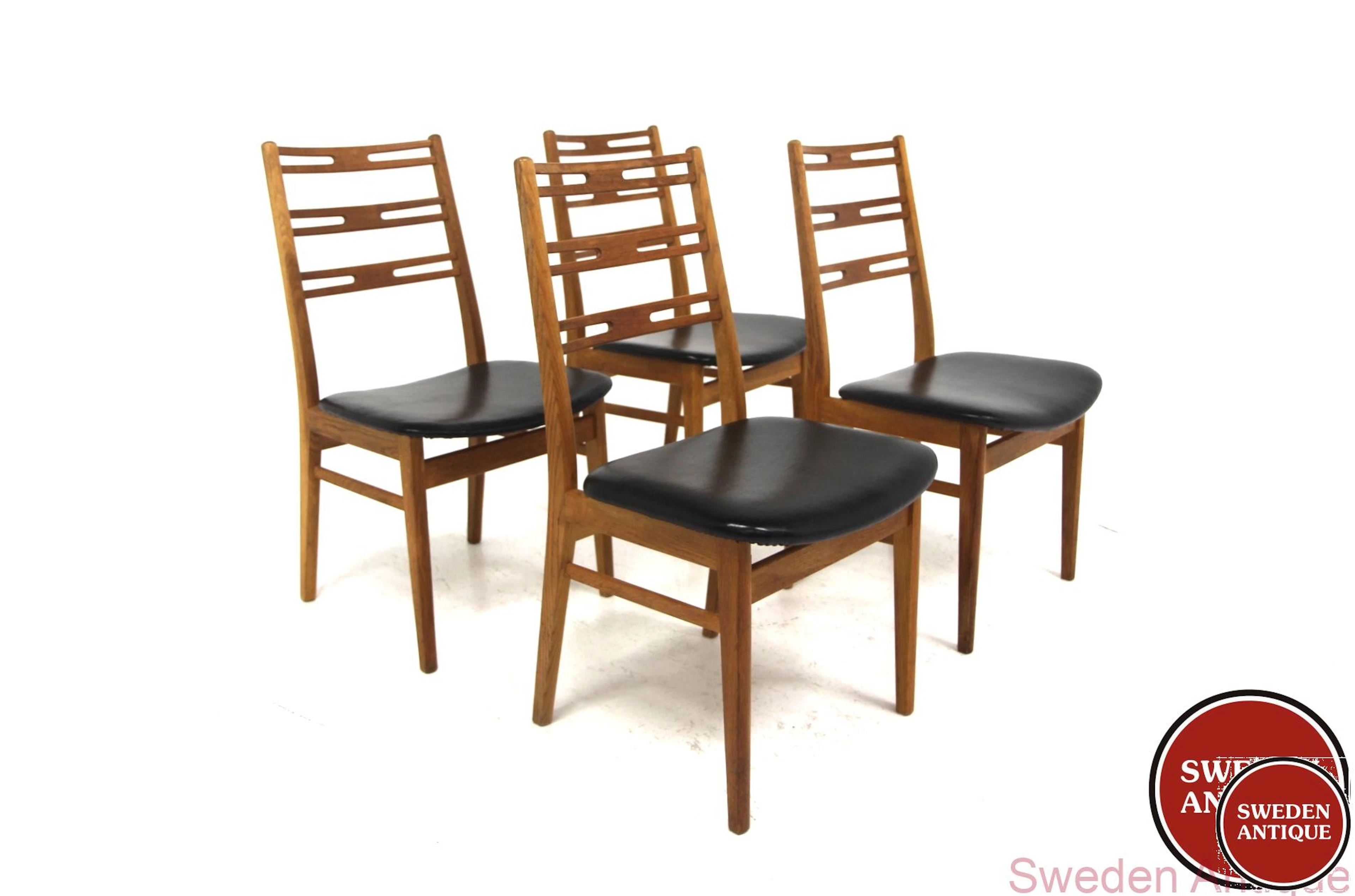 4Pcs Chairs Year: 1960s Origin: Swe. Material: Oak Vinyl W: 48cm D:
