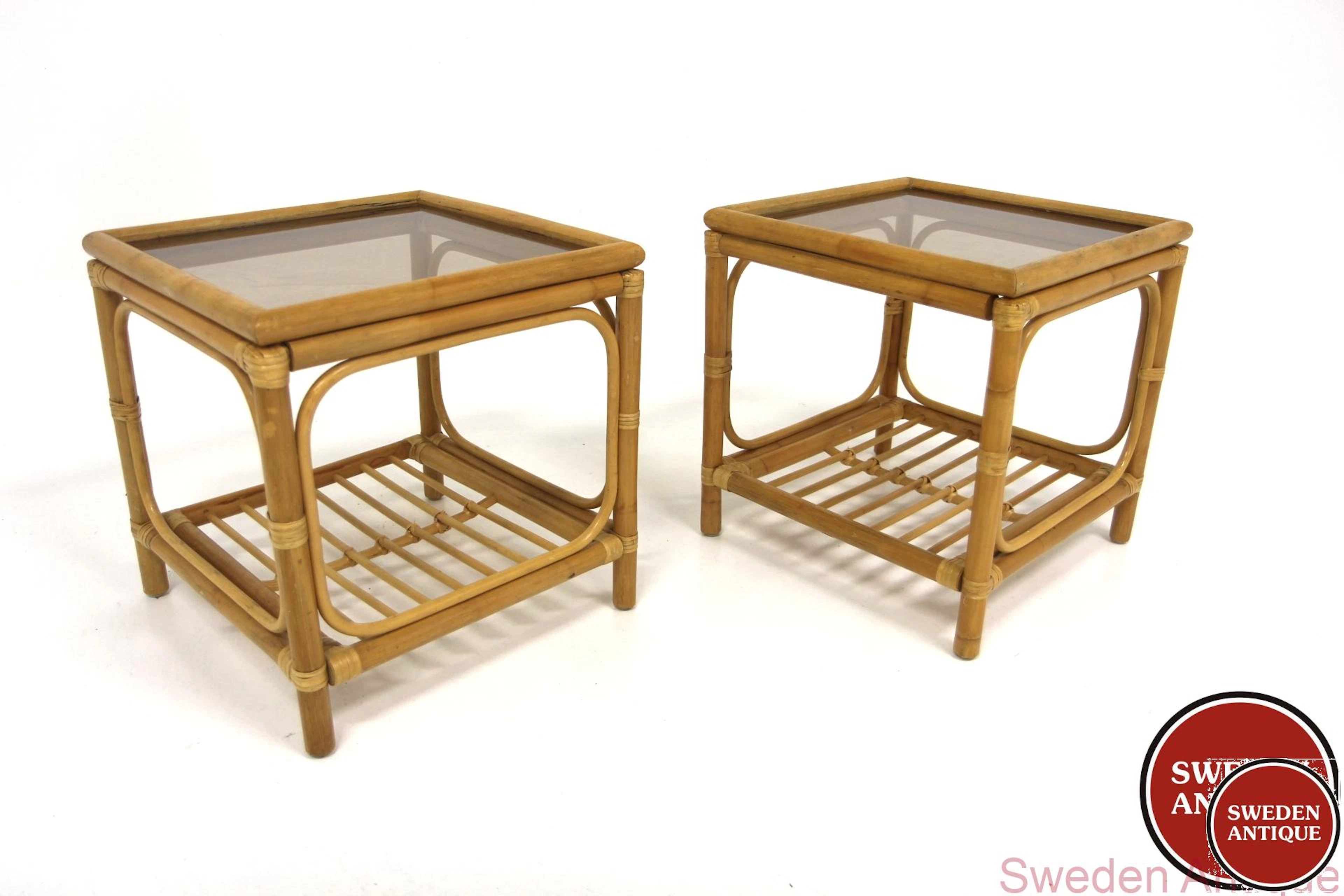 2Pcs Side tables Year: 1970s Origin: Swe. Material: Rattan Glass W: