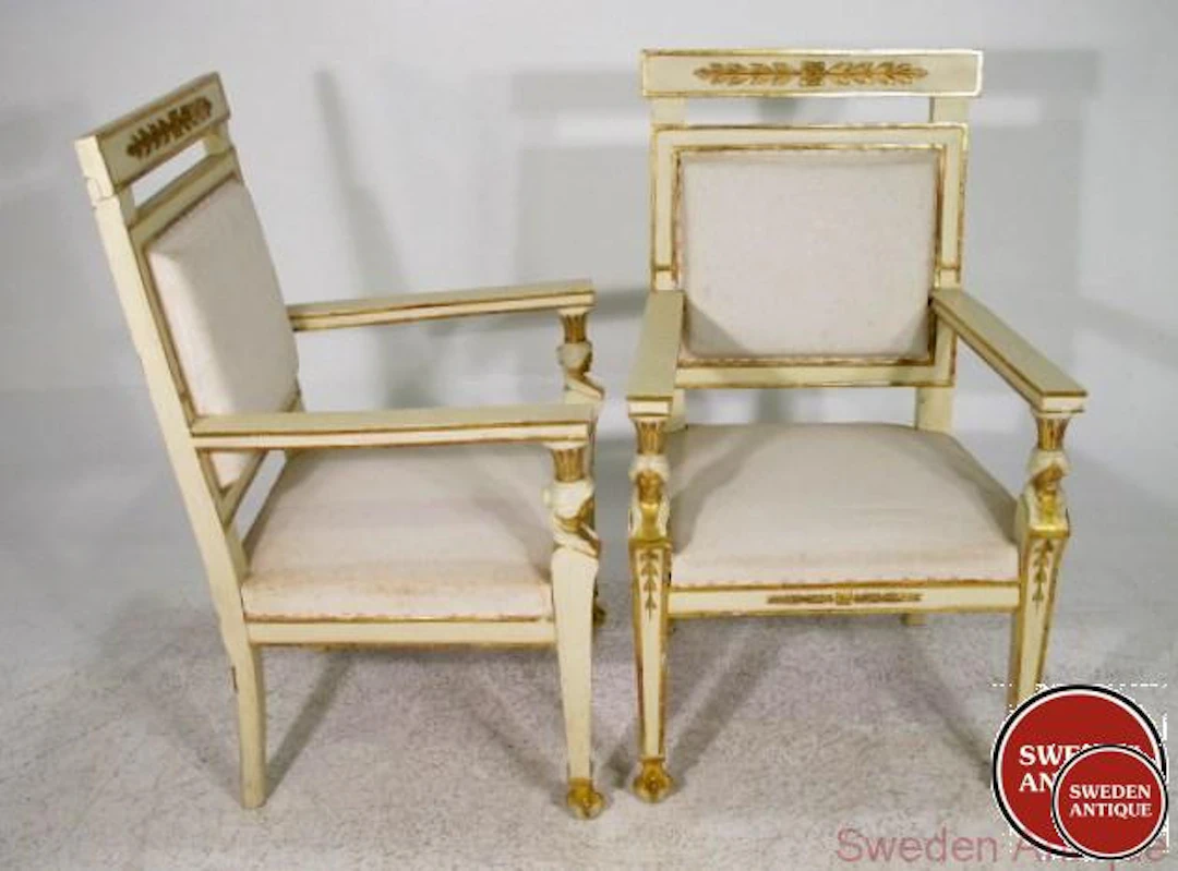2 Antique Armchairs empire style 1870s Fra. / Ita. white with Gilded parts