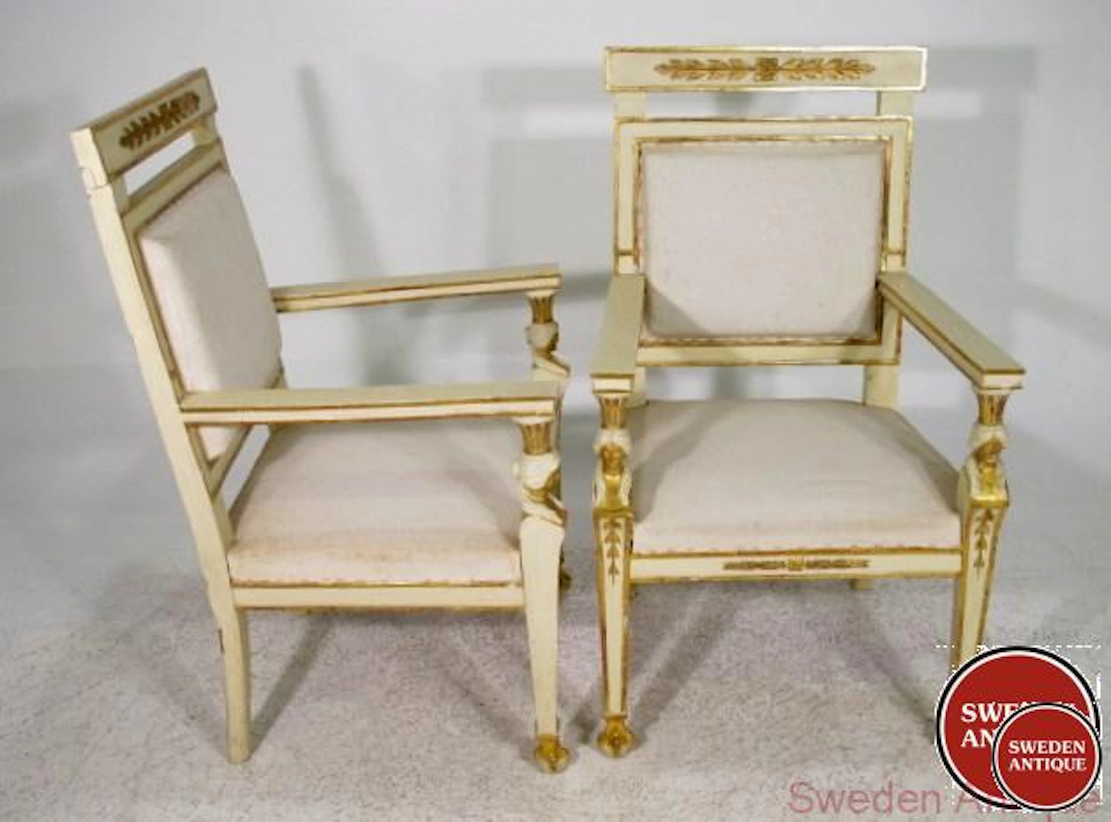 2 Antique Armchairs empire style 1870s Fra. / Ita. white with Gilded parts