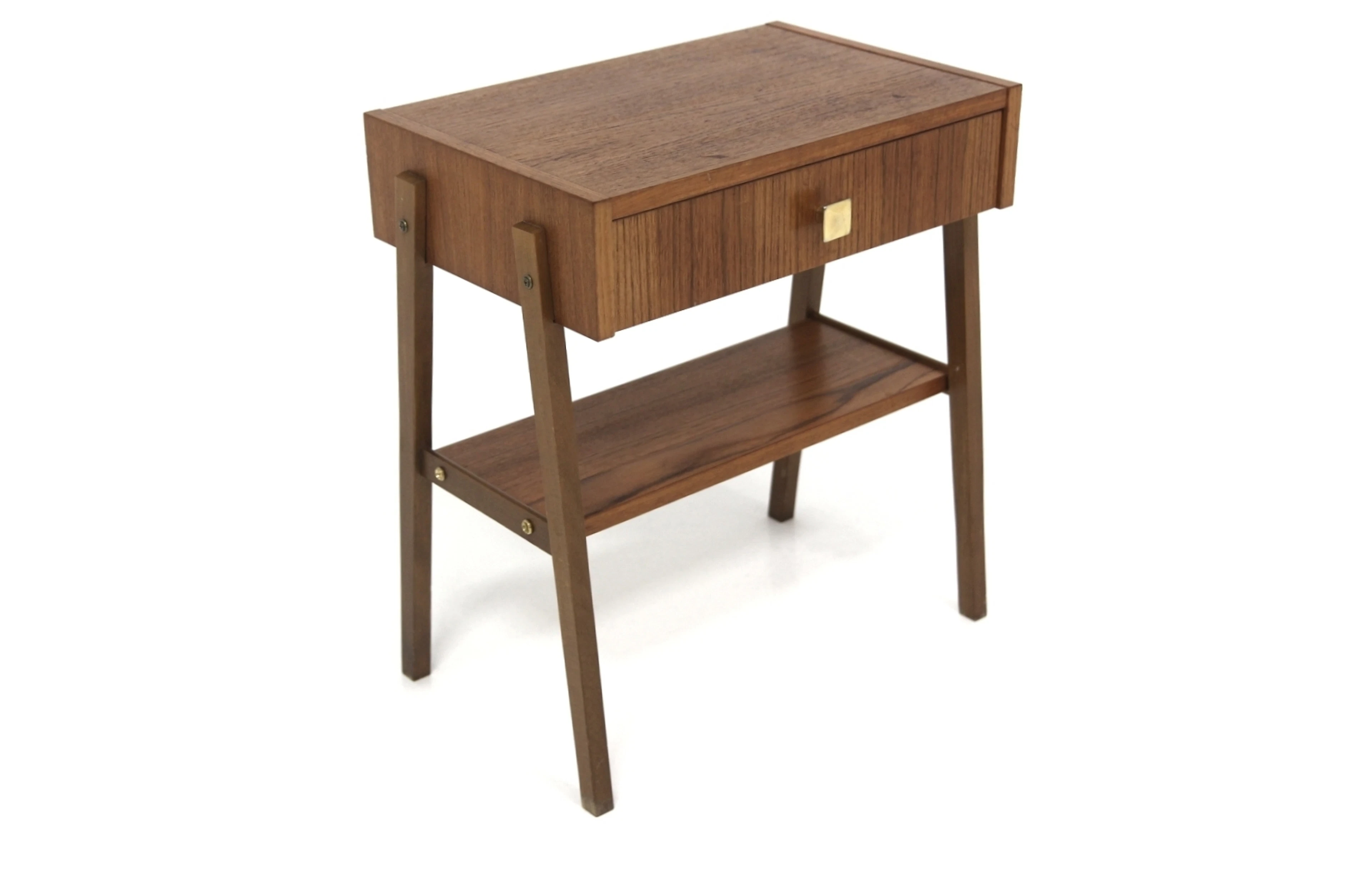 Bedside table Year: 1960s Origin: Swe. Material: Teak Beech Metal