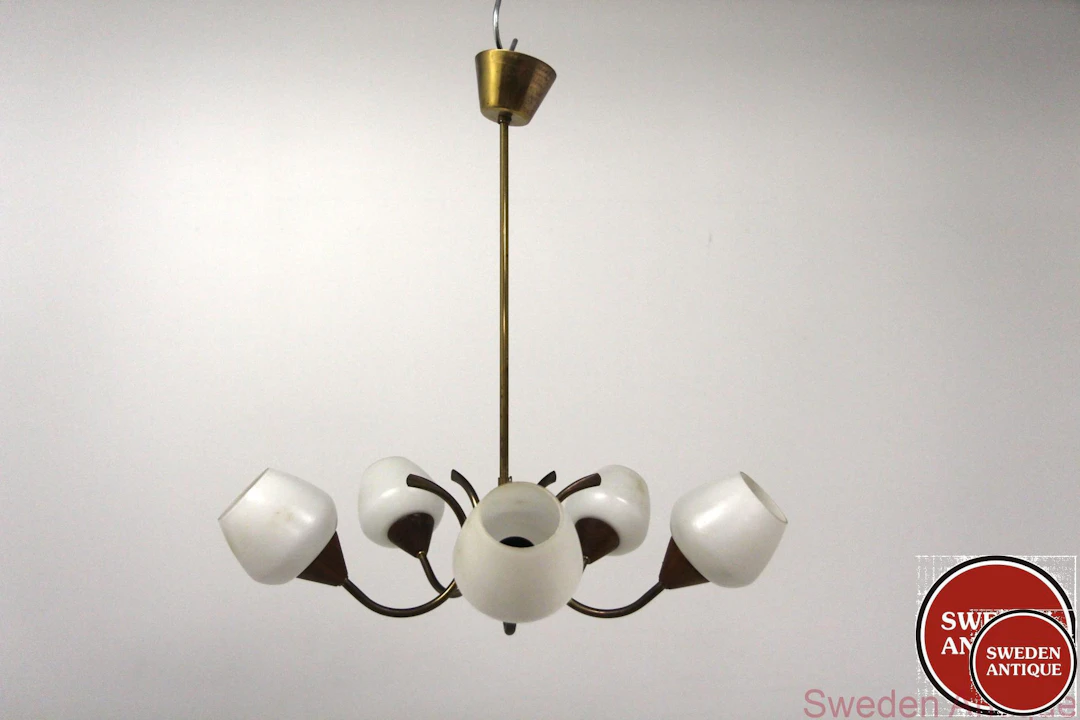 Ceiling lamp Year: 1950s Origin: Swe. Material: Teak Metal Glass W: