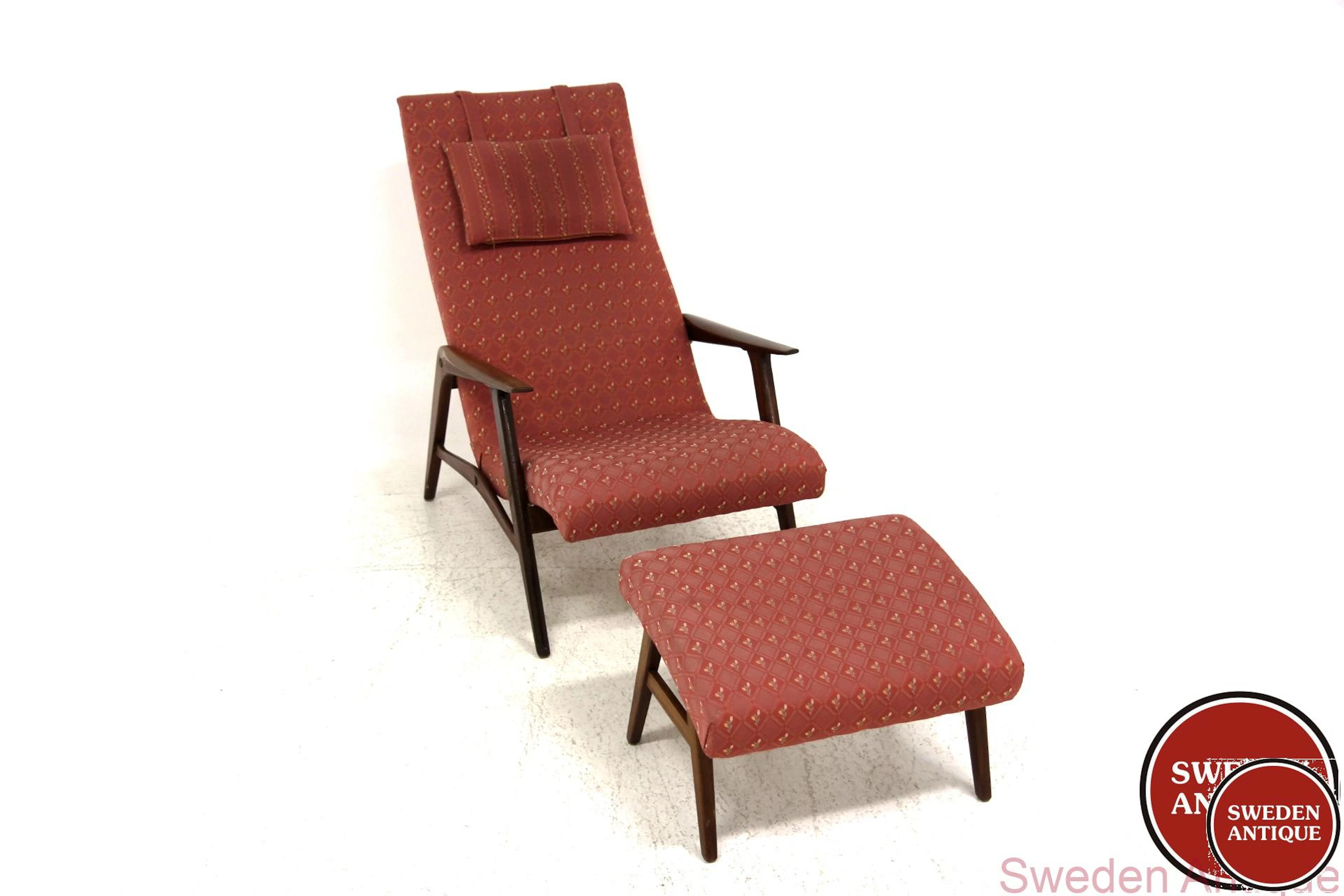 High back Lounge chair + foot stool 1960s Swe. Teak