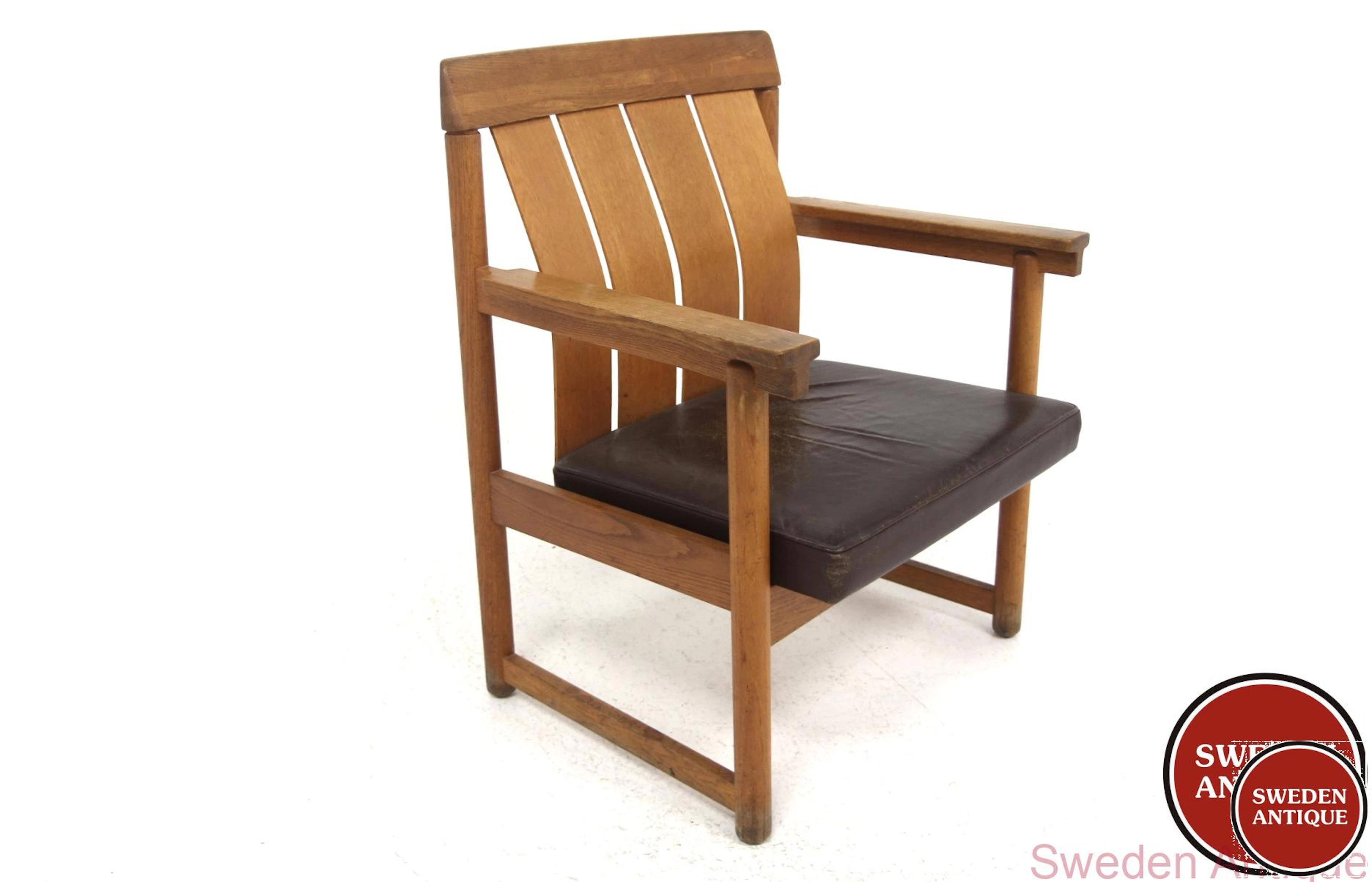 Lounge chair Ferdinand Lundquist, Göteborg 1960s Swe. Oak Leather *