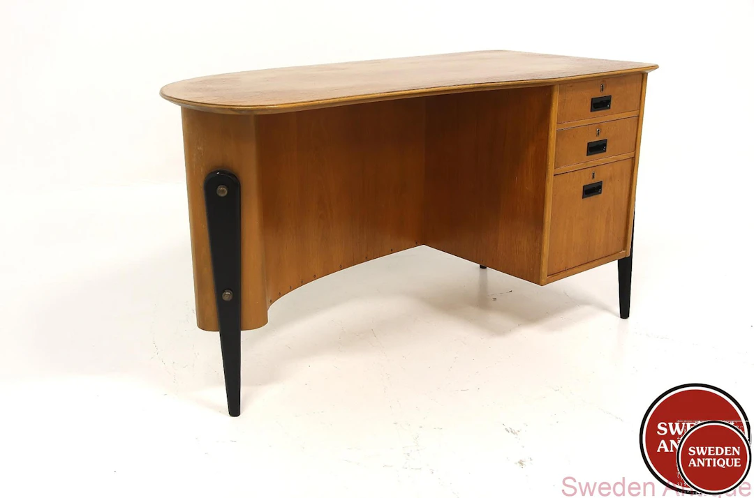 Writing desk Year: 1950s Origin: Swe. Material: Teak Black Metal W: