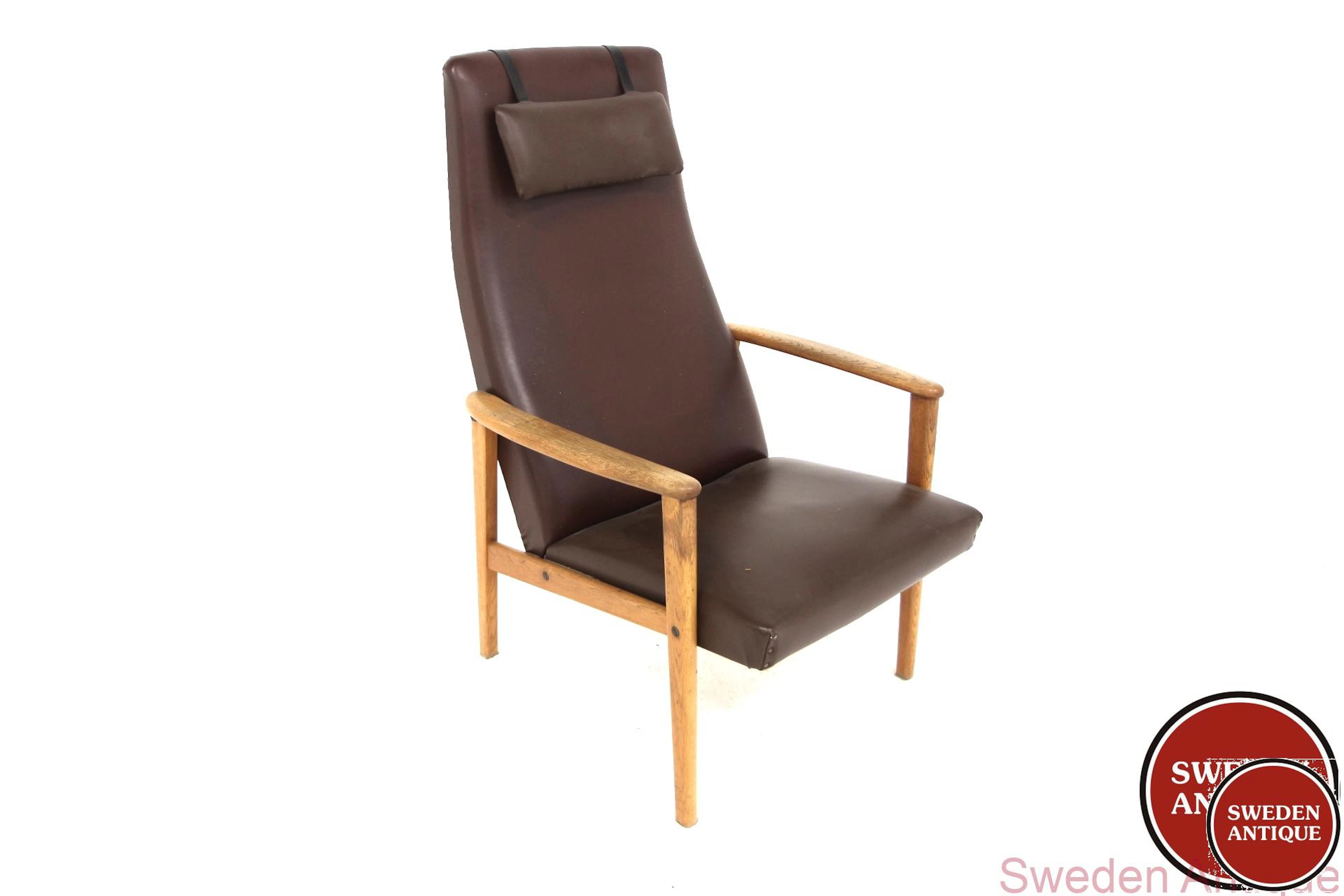 High back Lounge chair 1960s Swe. Oak Vinyl
