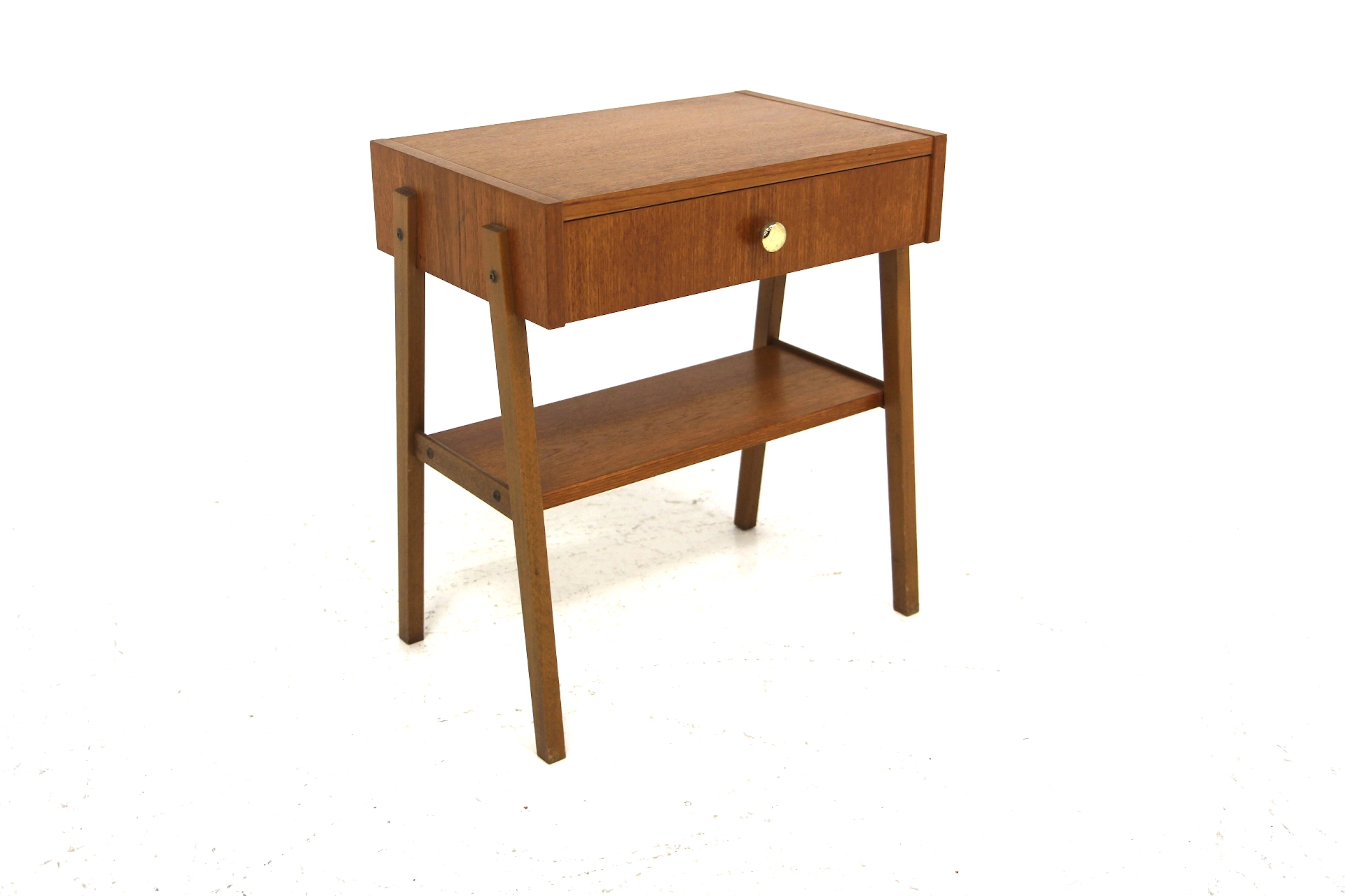 Bedside table Year: 1960s Origin: Swe. Material: Teak Beech Metal