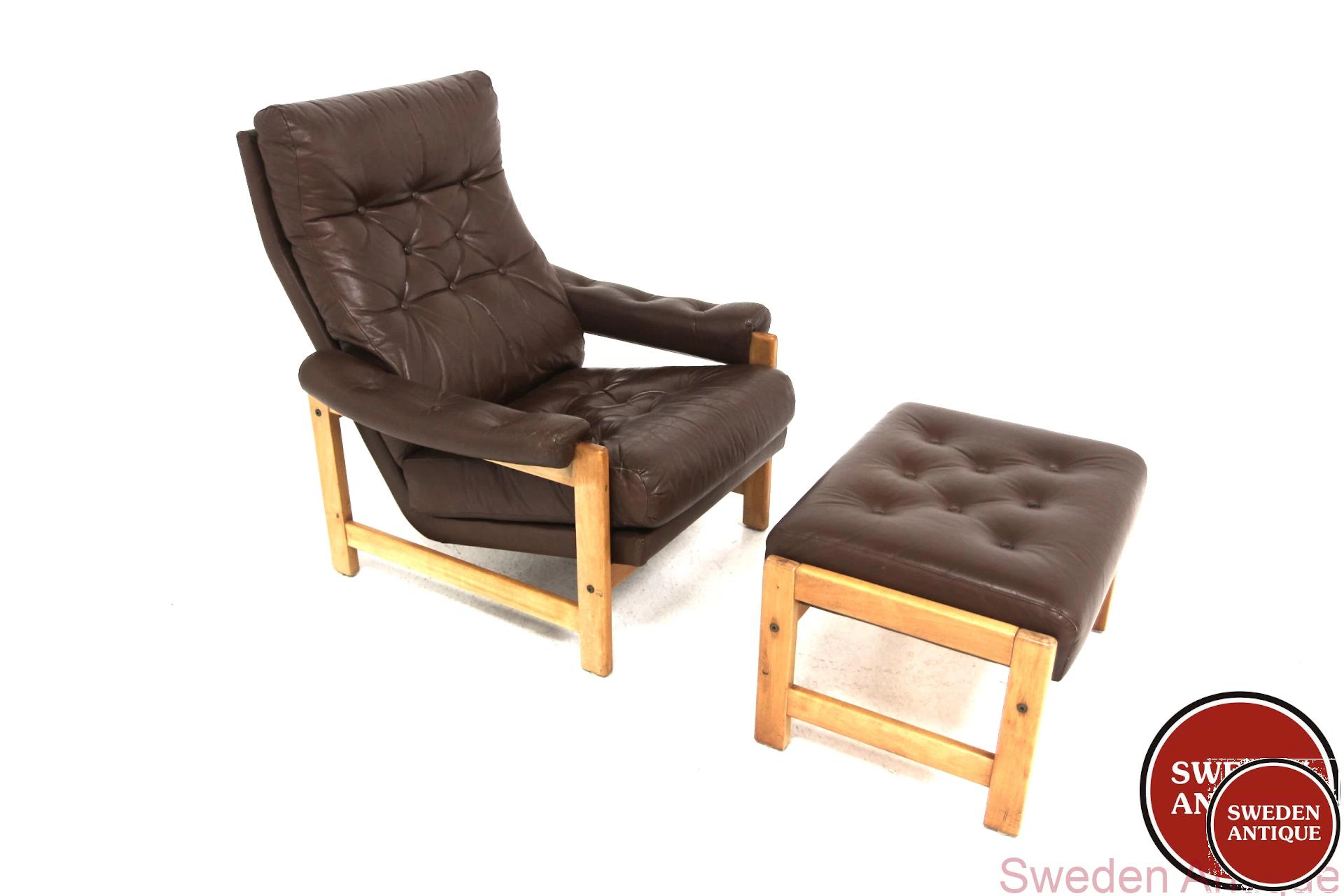 High back Lounge chair + foot stool 1970s Swe. Leather Beech