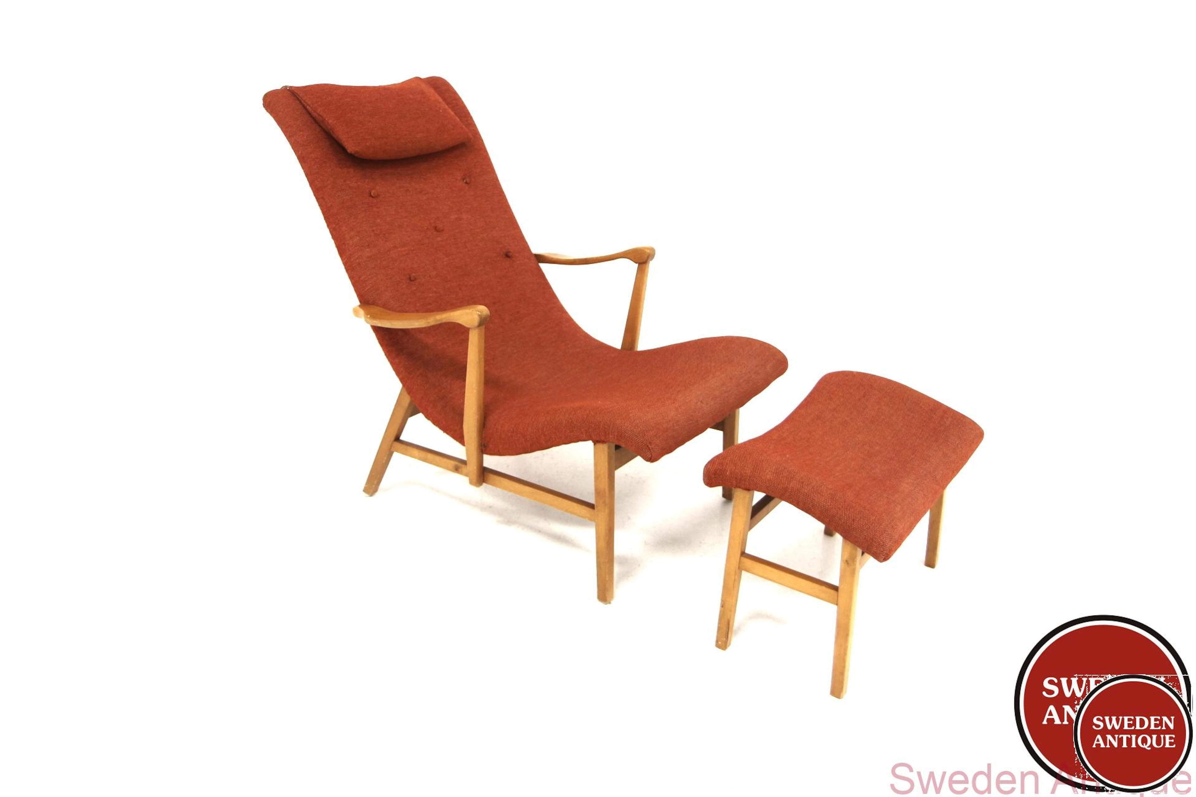 High back Lounge chair + foot stool 1950s Swe. Beech