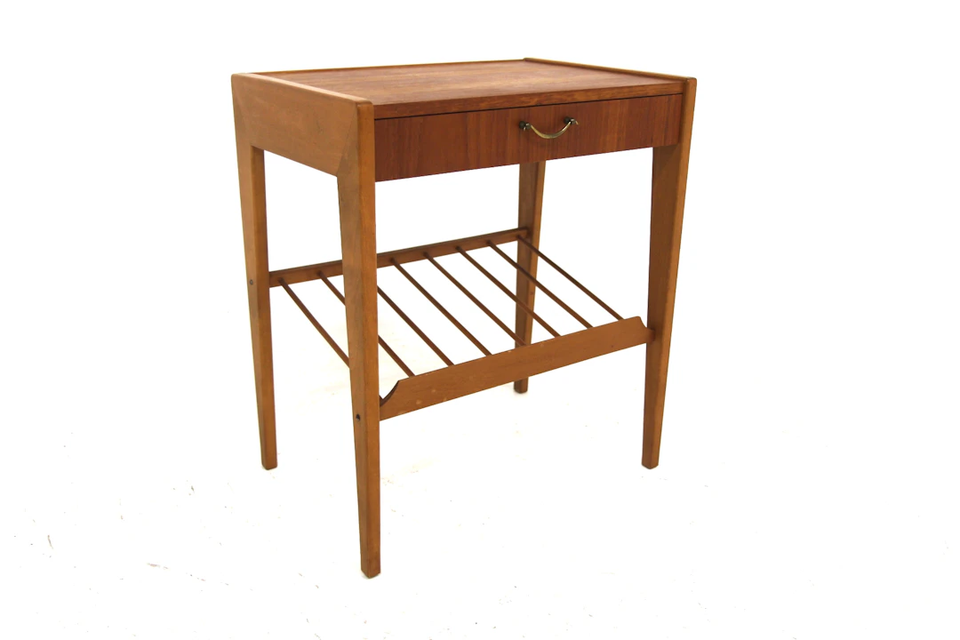 Bedside table Year: 1950s Origin: Swe. Material: Teak Beech Metal