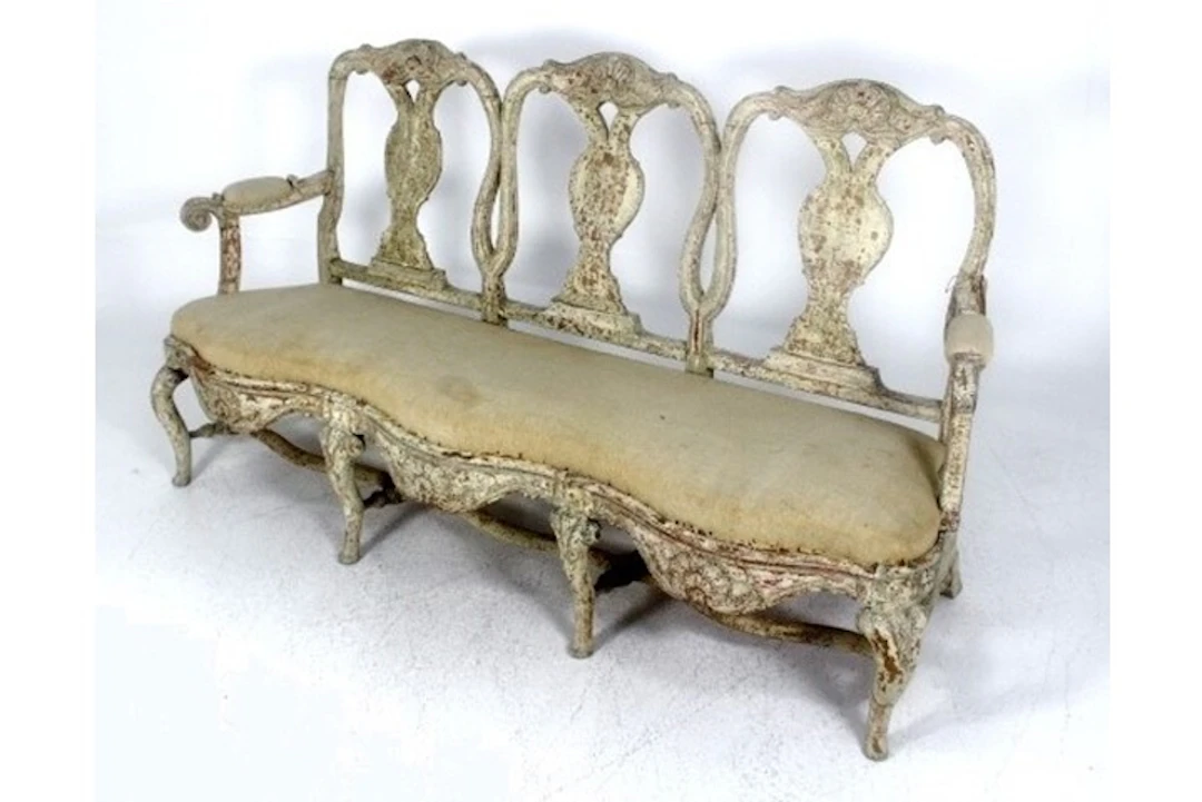 Antique Three-back sofa/bench Rococo period scraped old paint Sweden 1750-1775