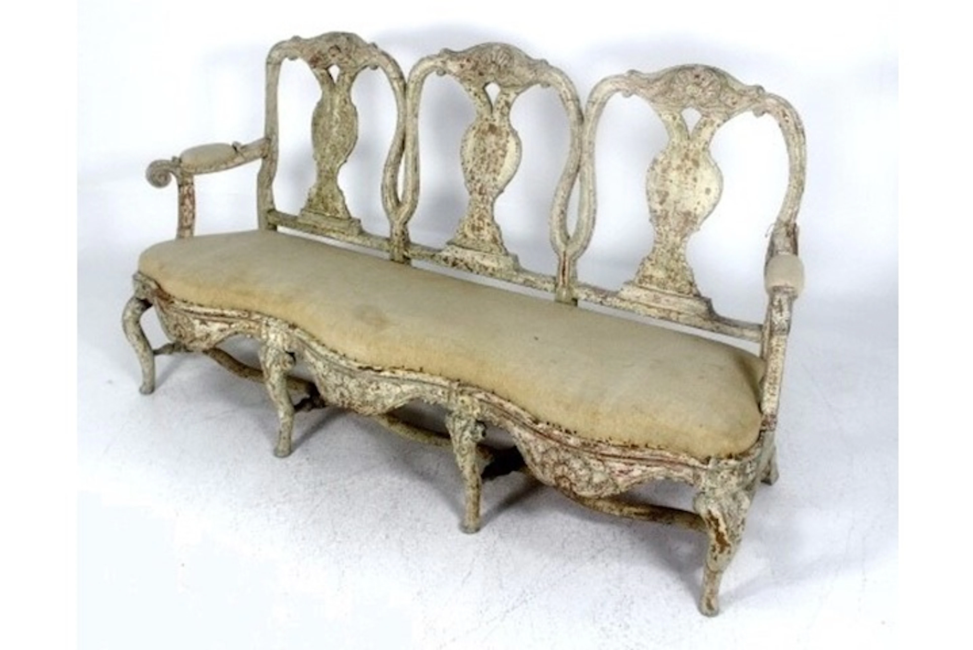 Antique Three-back sofa/bench Rococo period scraped old paint Sweden 1750-1775