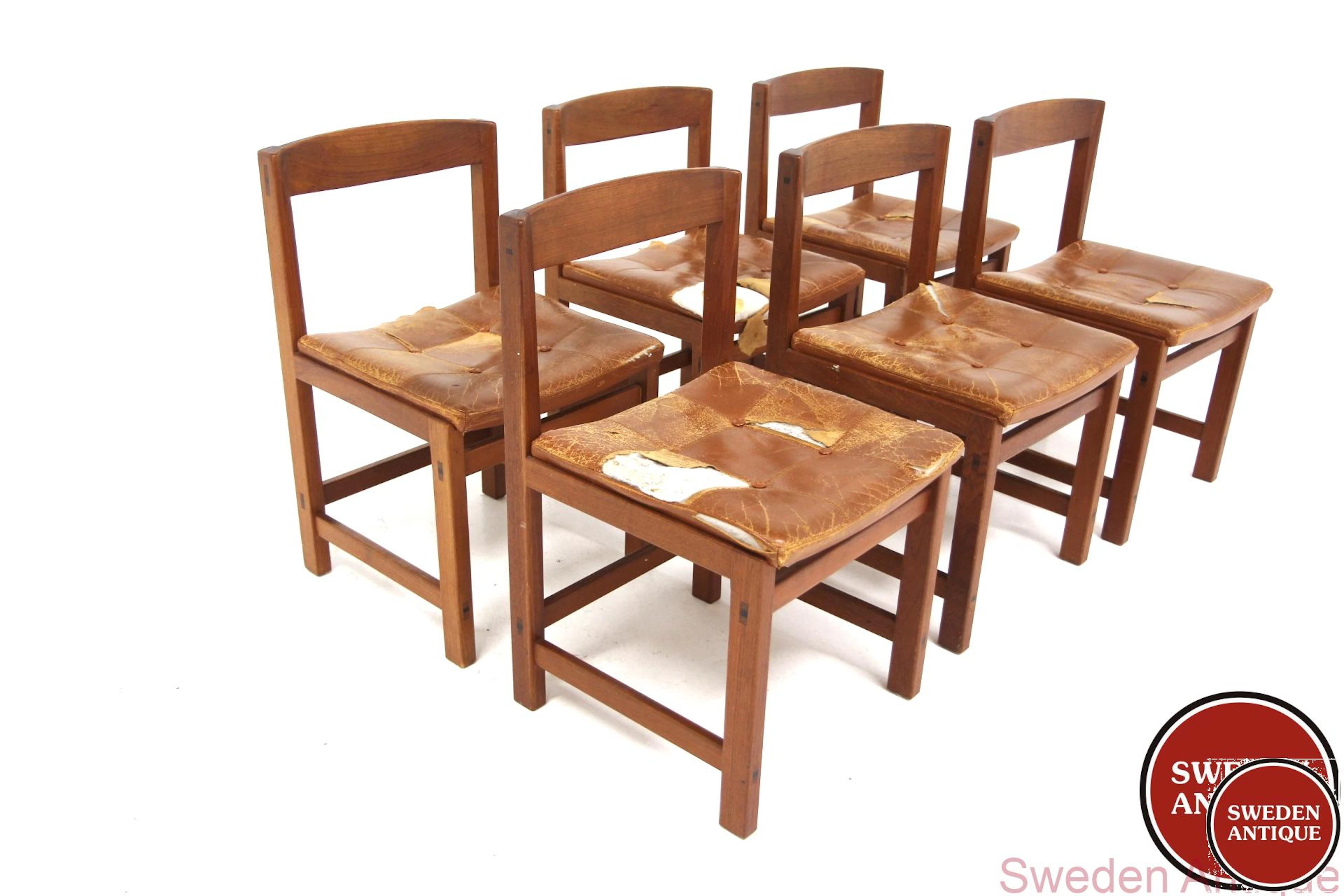 6 Chairs Corona Lennart Bender for Ulferts, Tibro 1960s Swe. Teak Leather