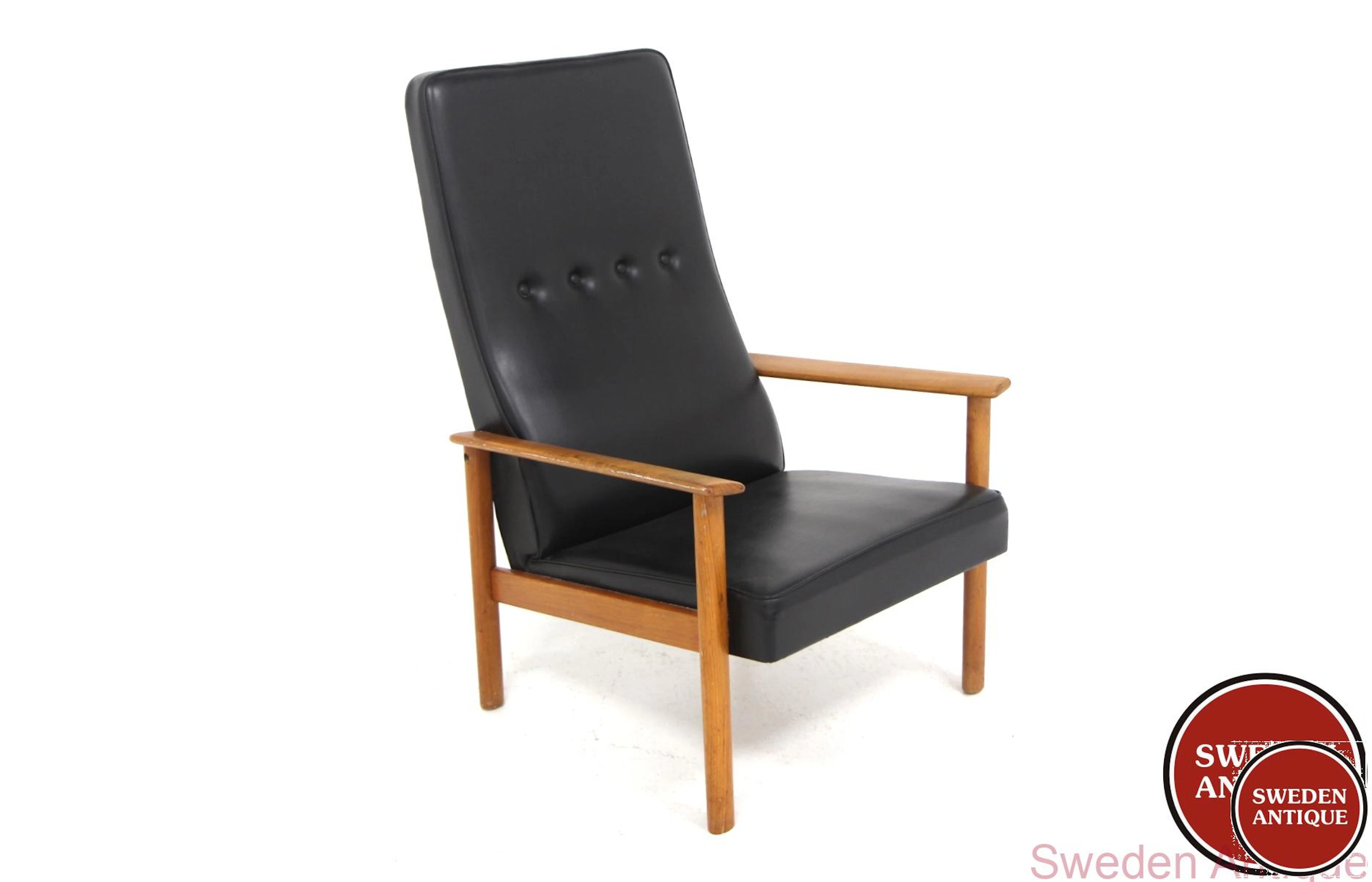 Highback Lounge chair Year: 1950s Origin: Swe. Material: Teak Vinyl