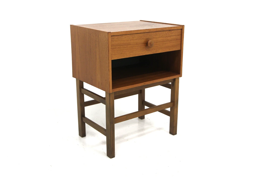 Bedside table Year: 1960s Origin: Swe. Material: Teak Beech W: 43cm
