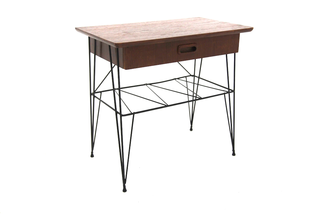 Bedside table Year: 1950s Origin: Swe. Material: Teak Metal W: 52cm