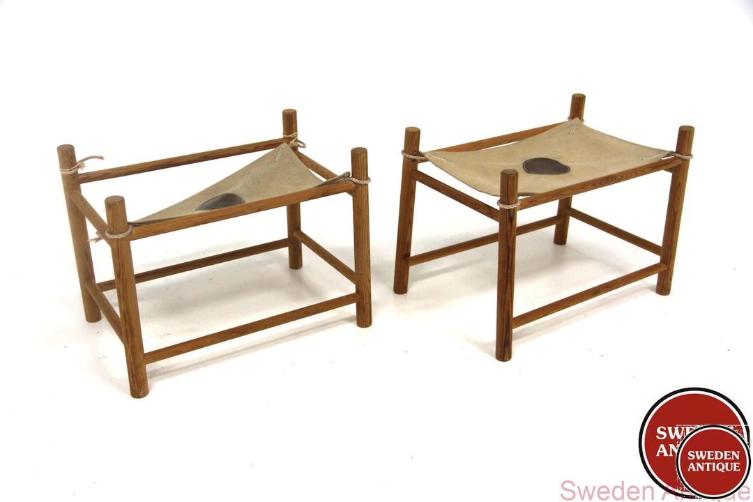 2Pcs Stools Year: 1970s Origin: Swe. Material: Pine W: 53cm D: 34cm