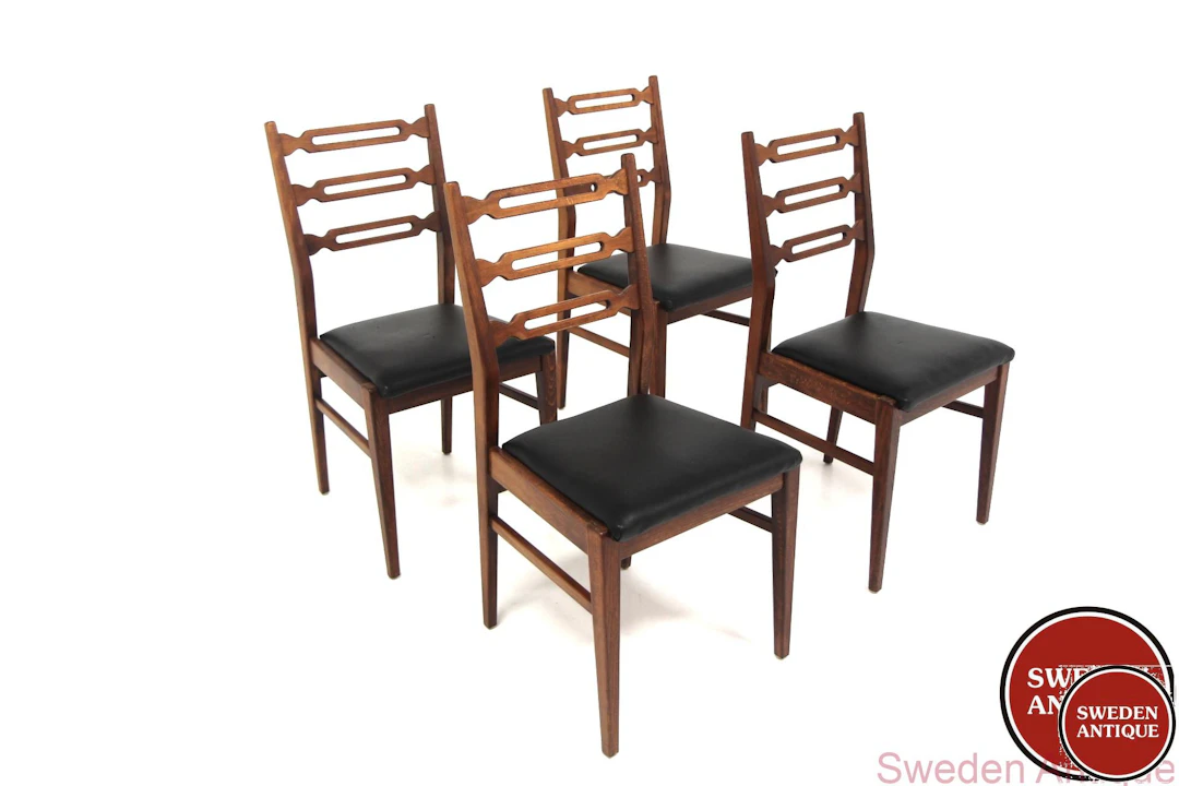 4Pcs Chairs Year: 1960s Origin: Swe. Material: Beech Vinyl W: 45cm