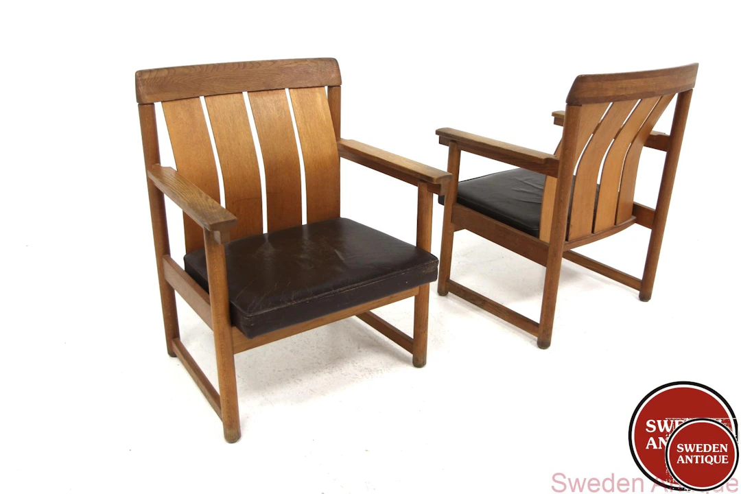2 Lounge chairs Ferdinand Lundquist, Göteborg 1960s Swe. Oak Leather *