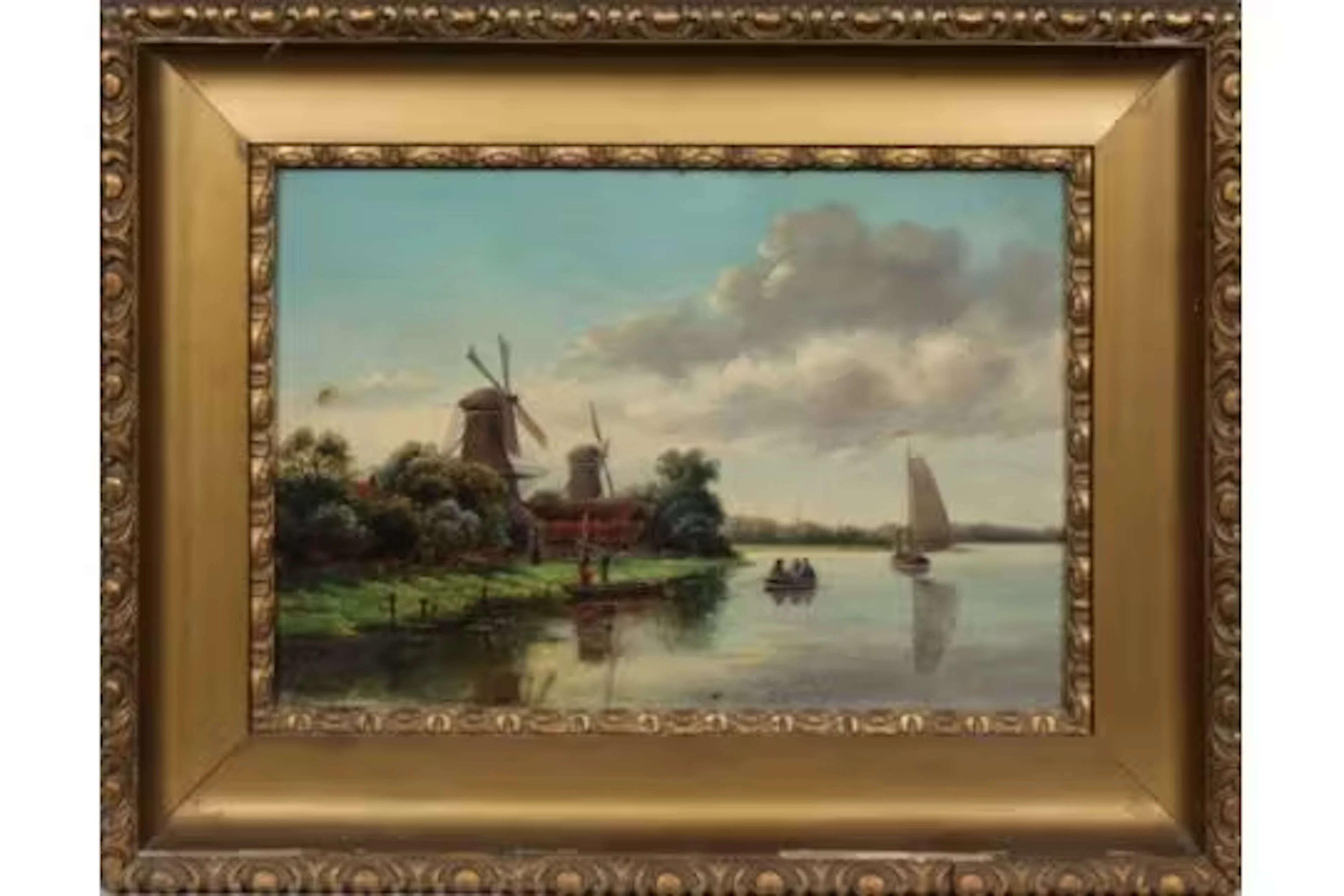 Dutch School (19th Century), Figures rowing, windmills beyond, Indistinctly