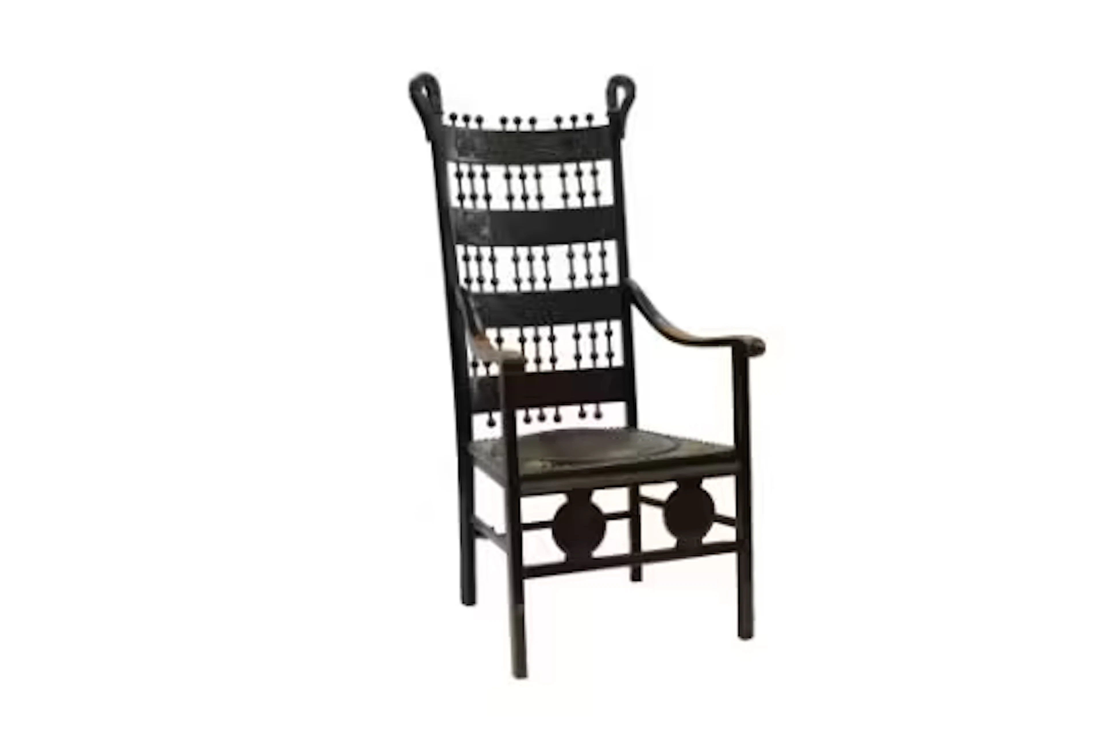 A mahogany and brass Arts and Crafts chair, the uprights with curling
