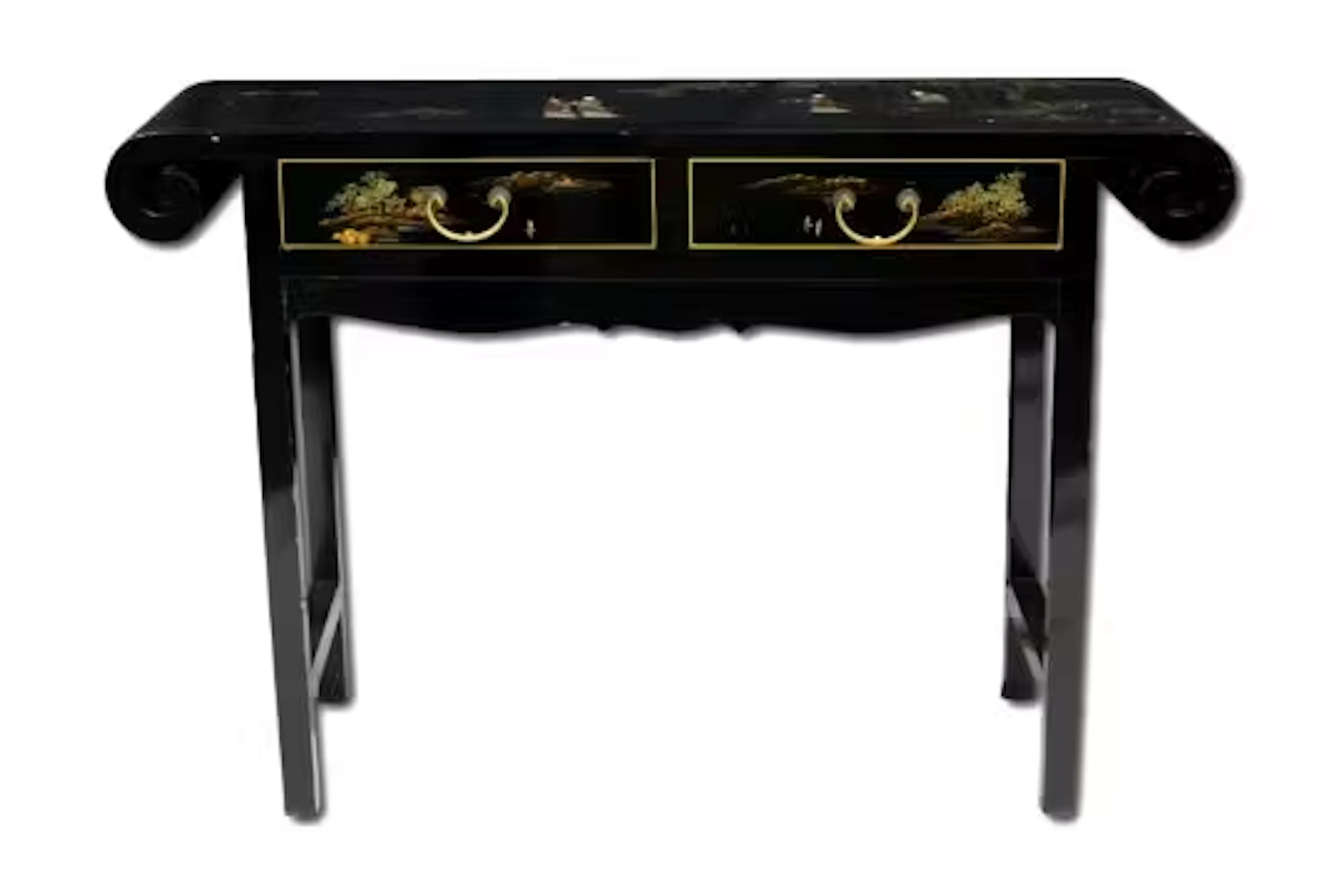 A Chinese black lacquered and painted altar table, 20th century, painted