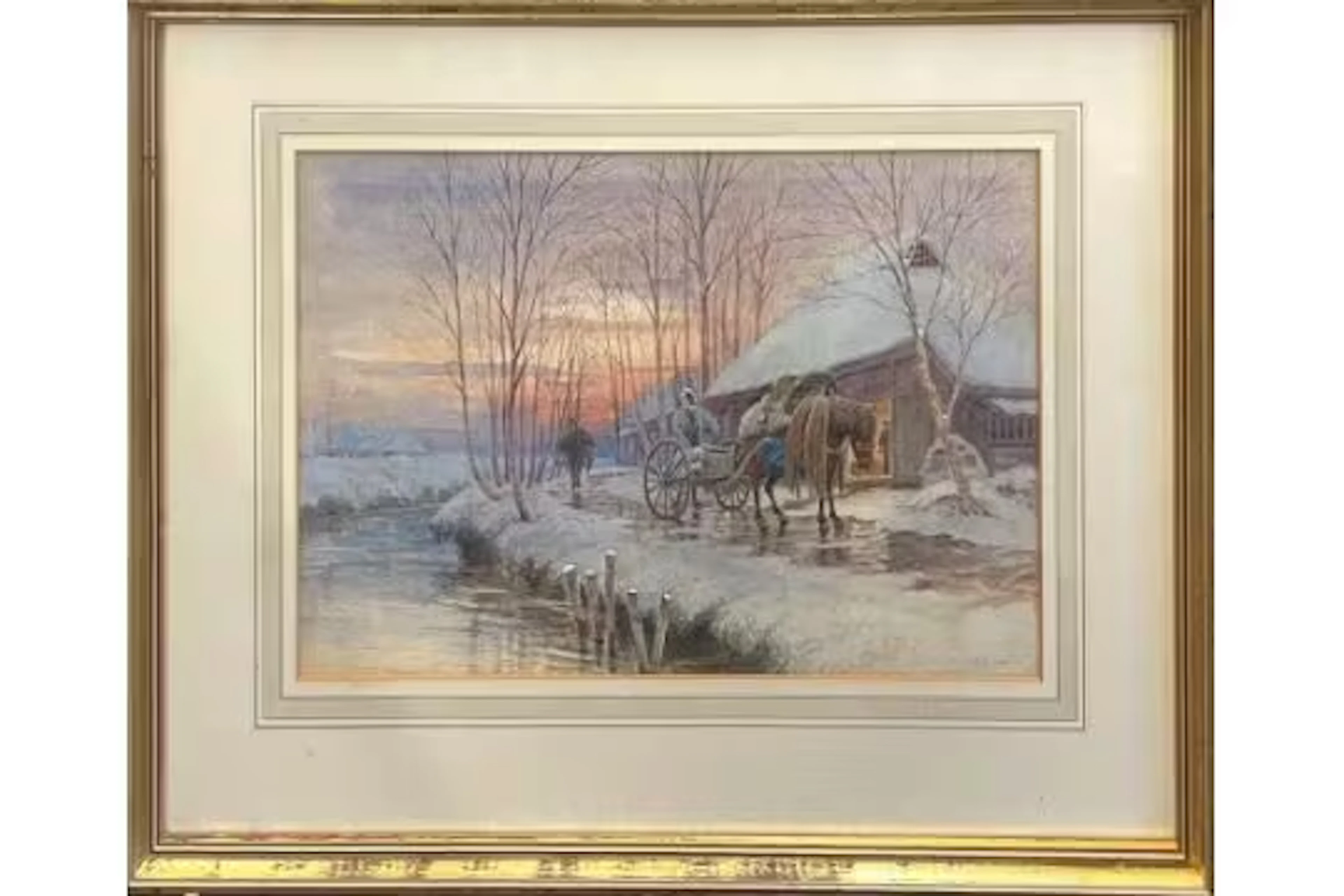 JR Ozawa (Japanese, early 20th century), Winter river scene of a horse