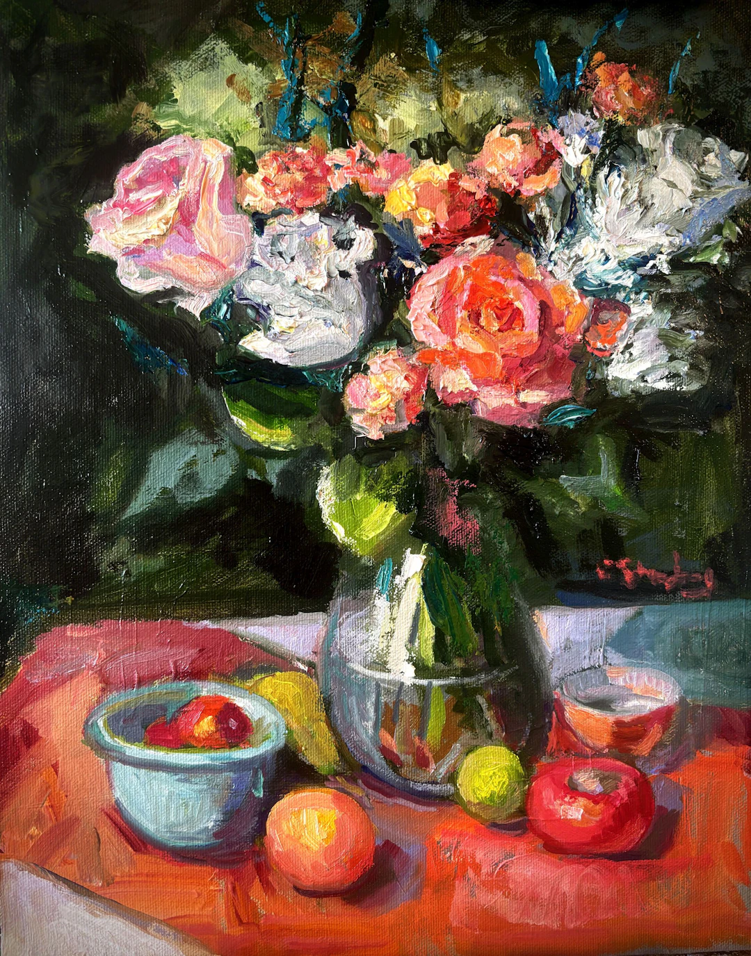 Pink Roses with Persimmons - Carol Steinberg