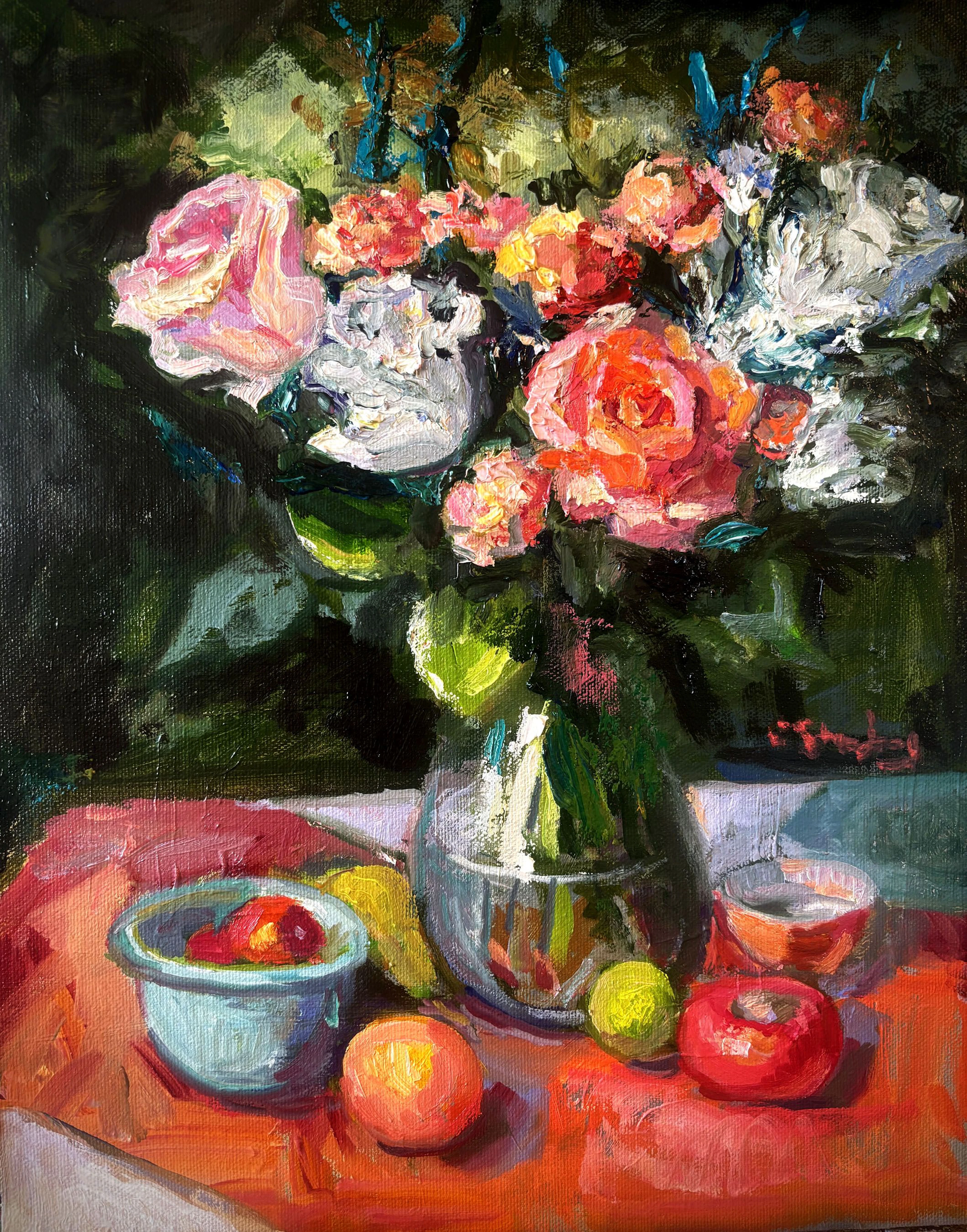 Pink Roses with Persimmons - Carol Steinberg